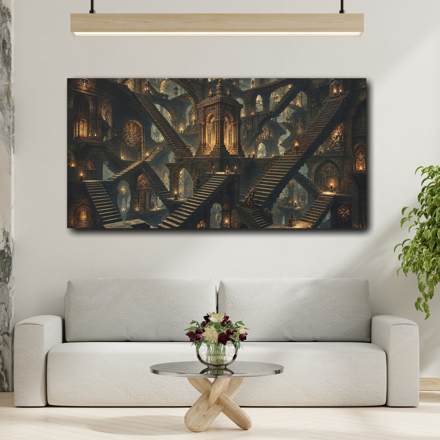Mockup 3. Fairytale Mystic Labyrinth Stone And Gold shown as stretched canvas wall art