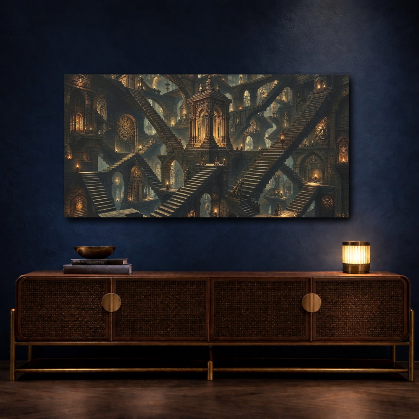 Mockup 4. Fairytale Mystic Labyrinth Stone And Gold shown as stretched canvas wall art