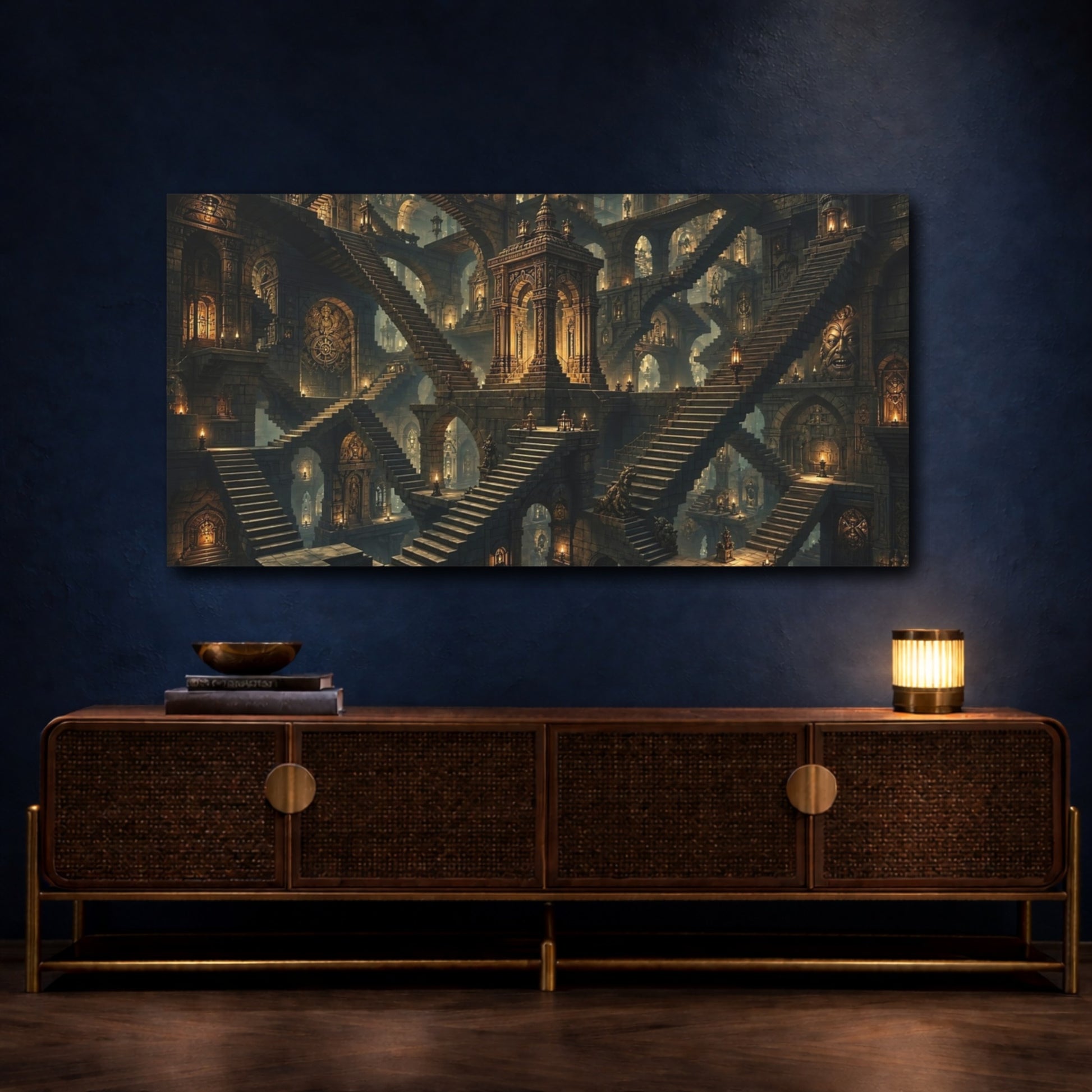 Mockup 4. Fairytale Mystic Labyrinth Stone And Gold shown as stretched canvas wall art