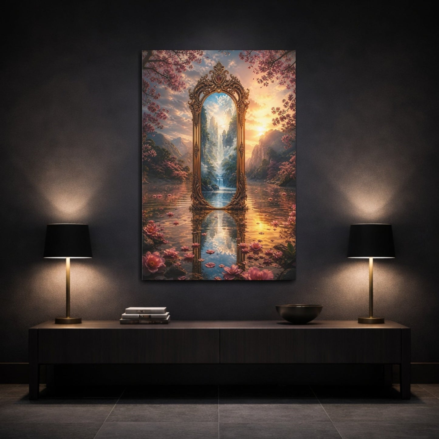 Fairytale Ornate Mirror Pink And Gold Canvas Print – Living Room, Above Couch, - YesArtYes