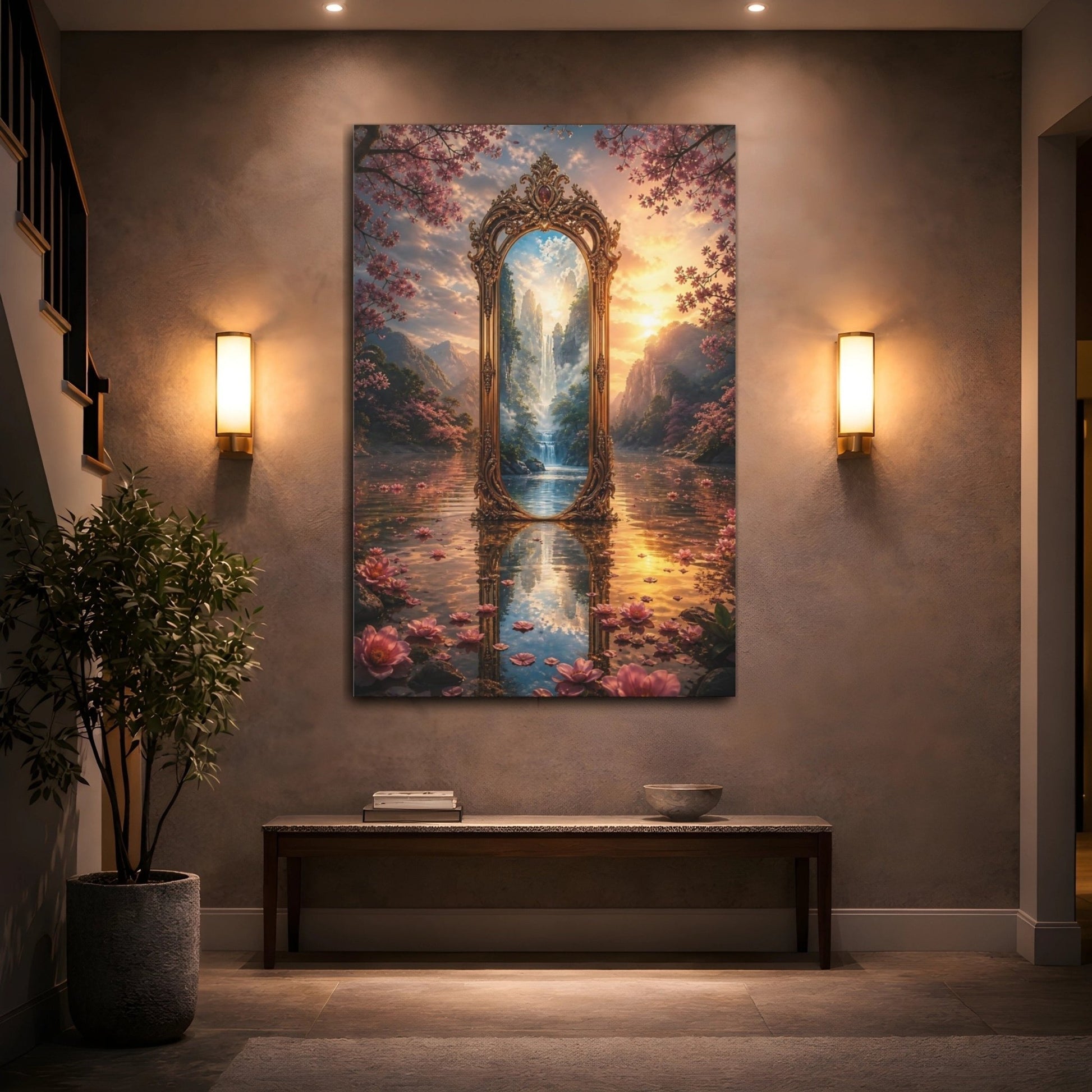 Fairytale Ornate Mirror Pink And Gold Canvas Print – Living Room, Above Couch, - YesArtYes