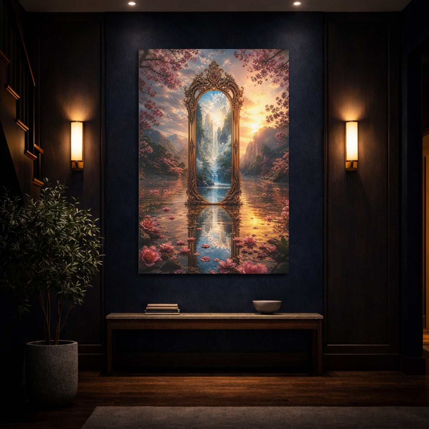 Mockup 4. Fairytale Ornate Mirror Pink And Gold shown as stretched canvas wall art