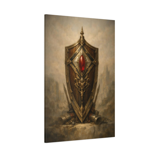 Main Mockup. Fairytale Ornate Shield Brown And Gold shown as stretched canvas wall art