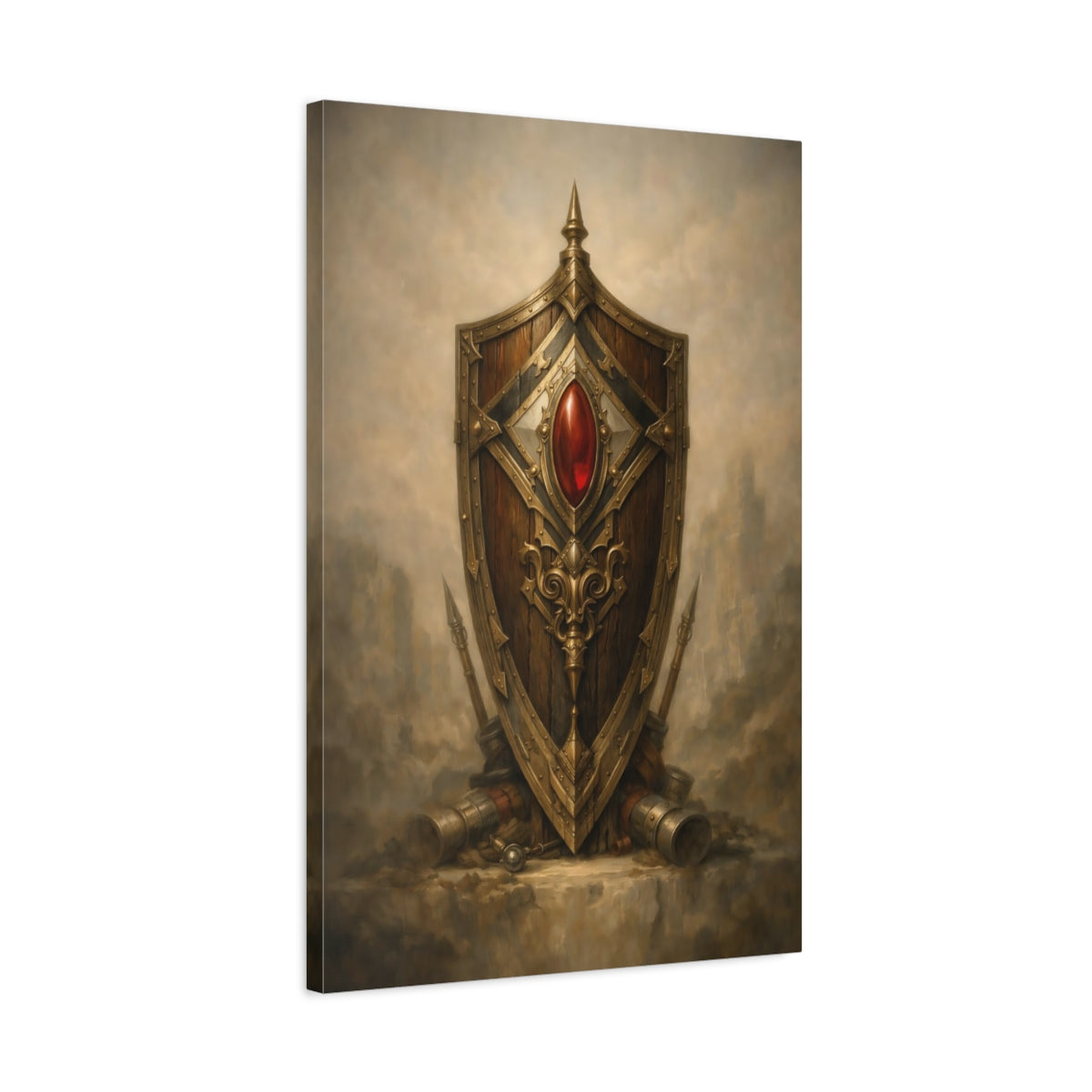 Side Mockup 2. Fairytale Ornate Shield Brown And Gold shown as stretched canvas wall art