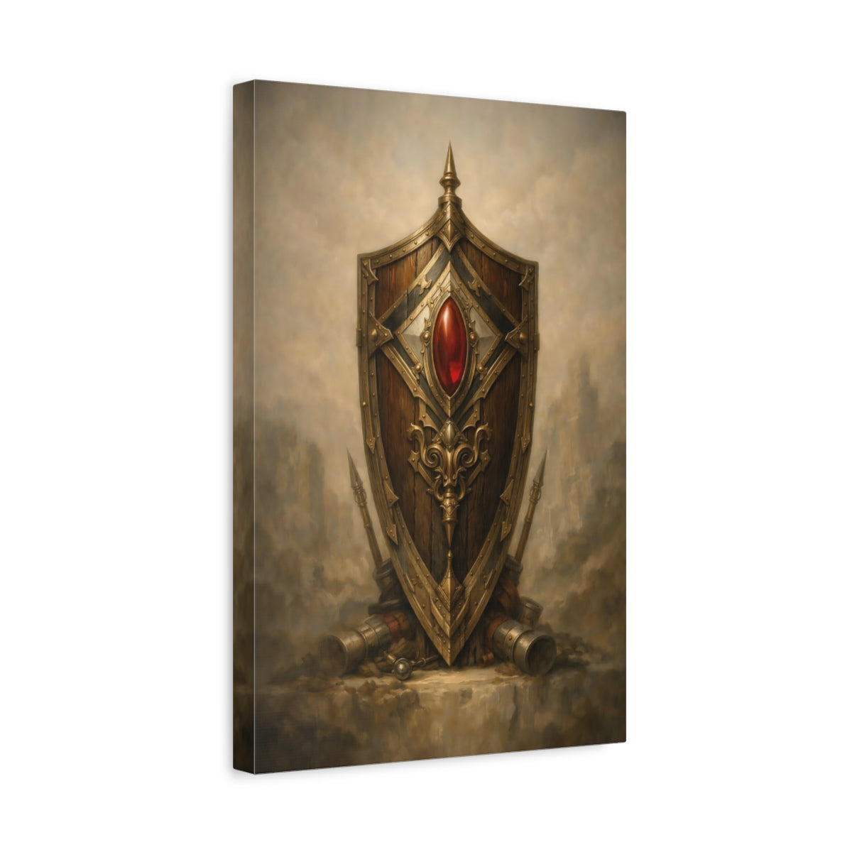 Side Mockup 4. Fairytale Ornate Shield Brown And Gold shown as stretched canvas wall art