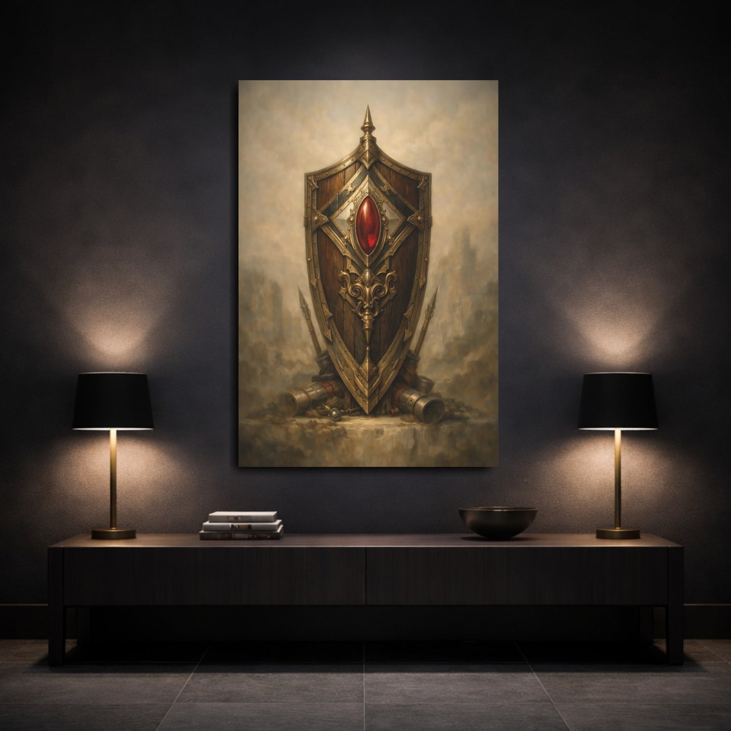 Mockup 2. Fairytale Ornate Shield Brown And Gold shown as stretched canvas wall art
