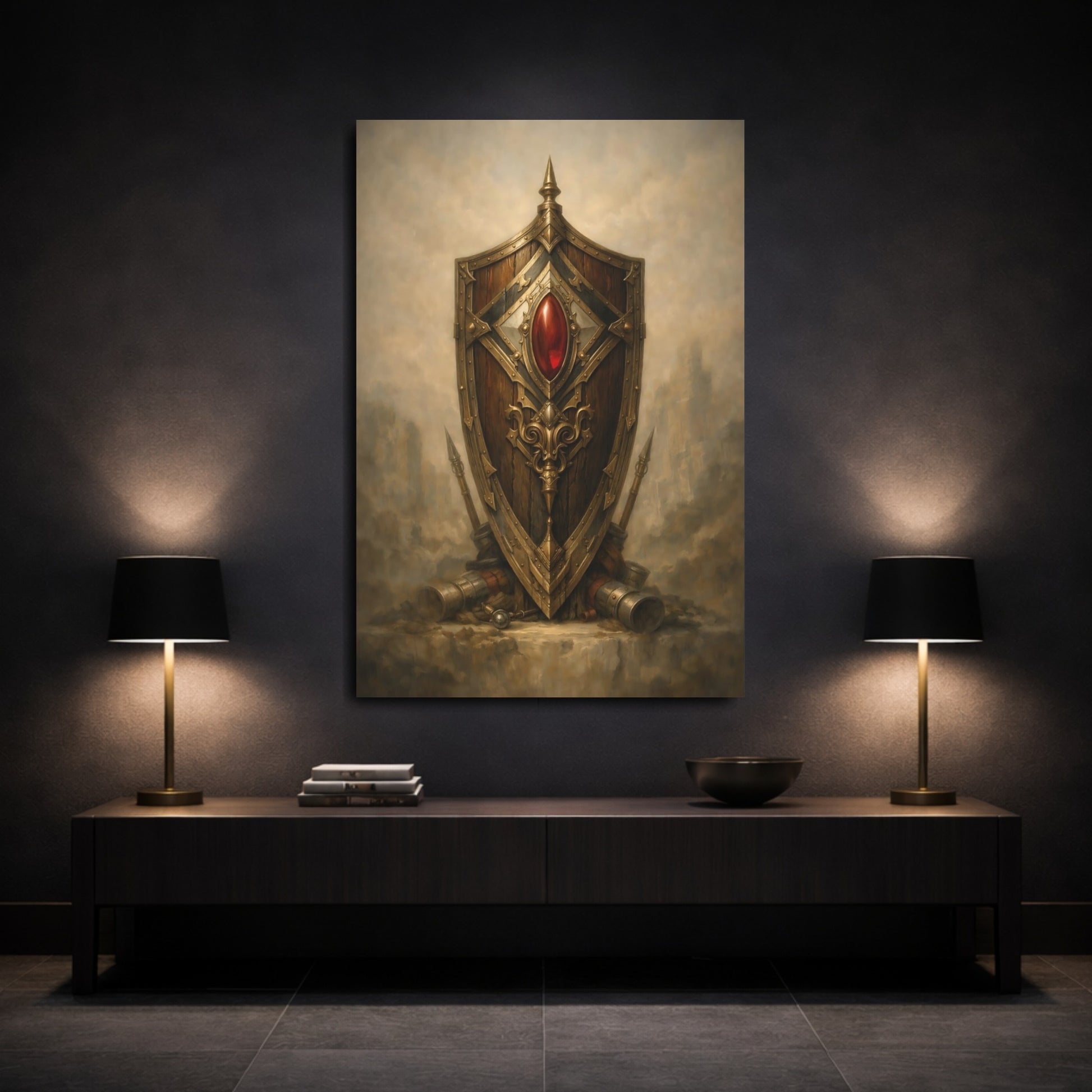Mockup 2. Fairytale Ornate Shield Brown And Gold shown as stretched canvas wall art