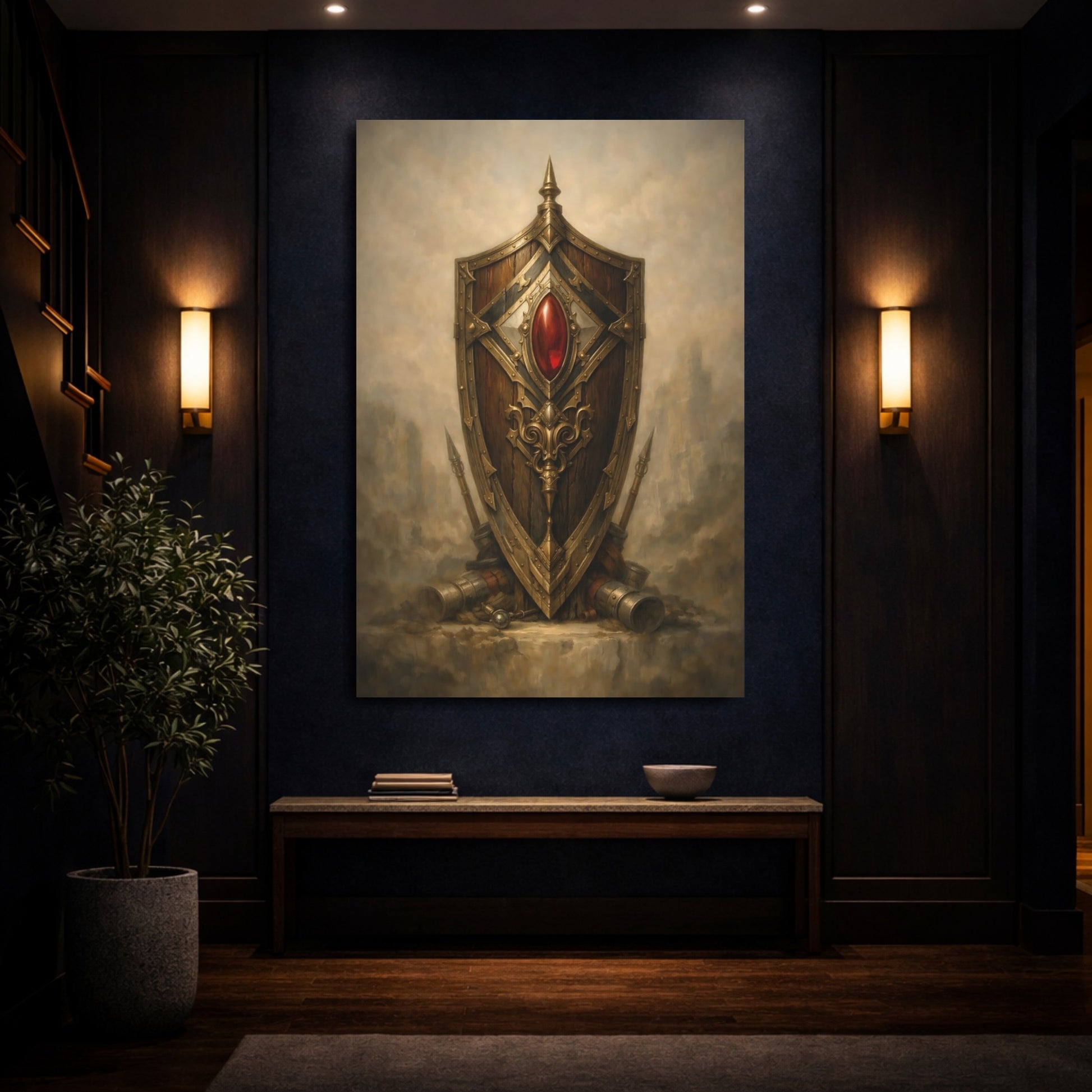 Mockup 3. Fairytale Ornate Shield Brown And Gold shown as stretched canvas wall art