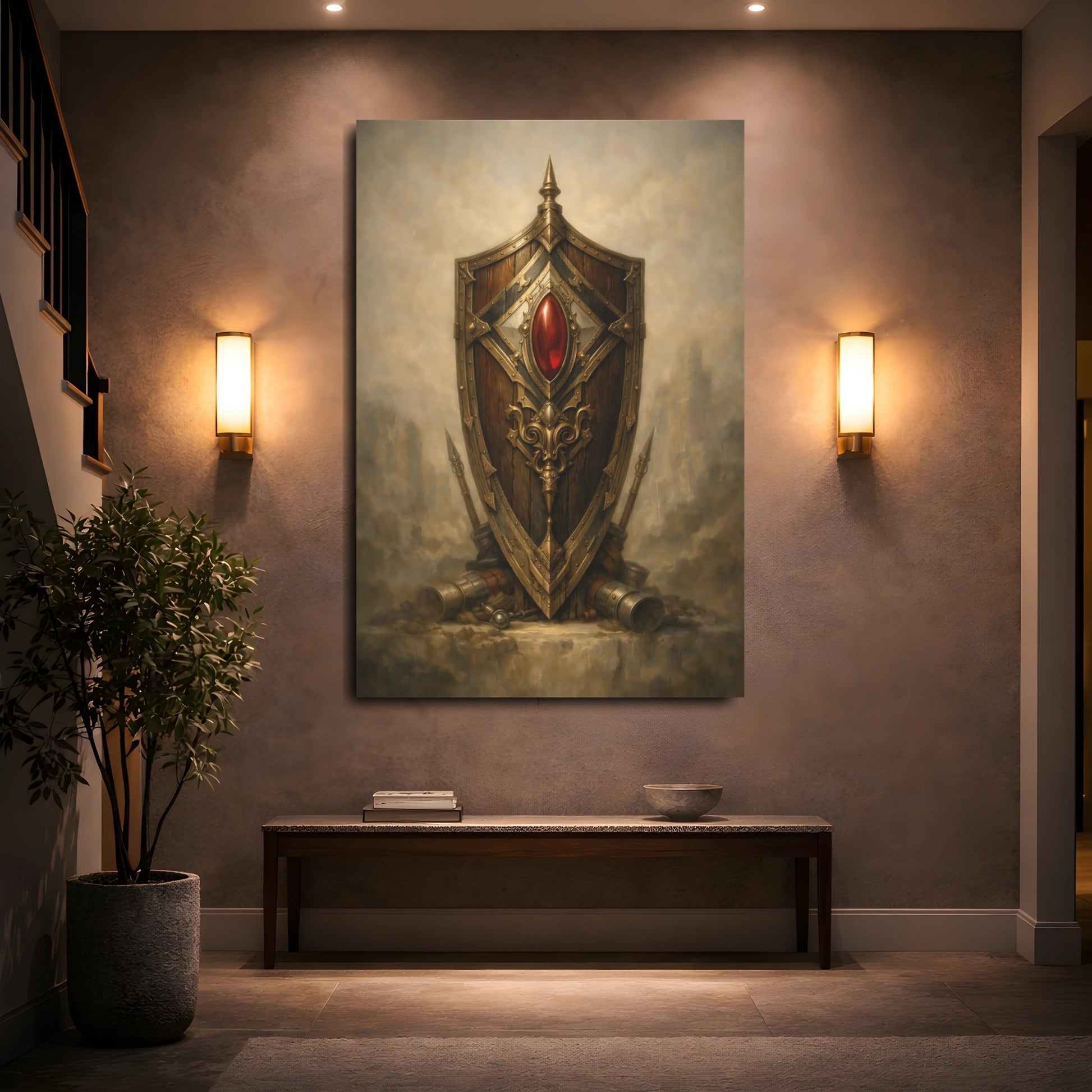 Mockup 4. Fairytale Ornate Shield Brown And Gold shown as stretched canvas wall art