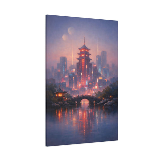 Main Mockup. Fairytale Pagoda City Purple Cityscape shown as stretched canvas wall art