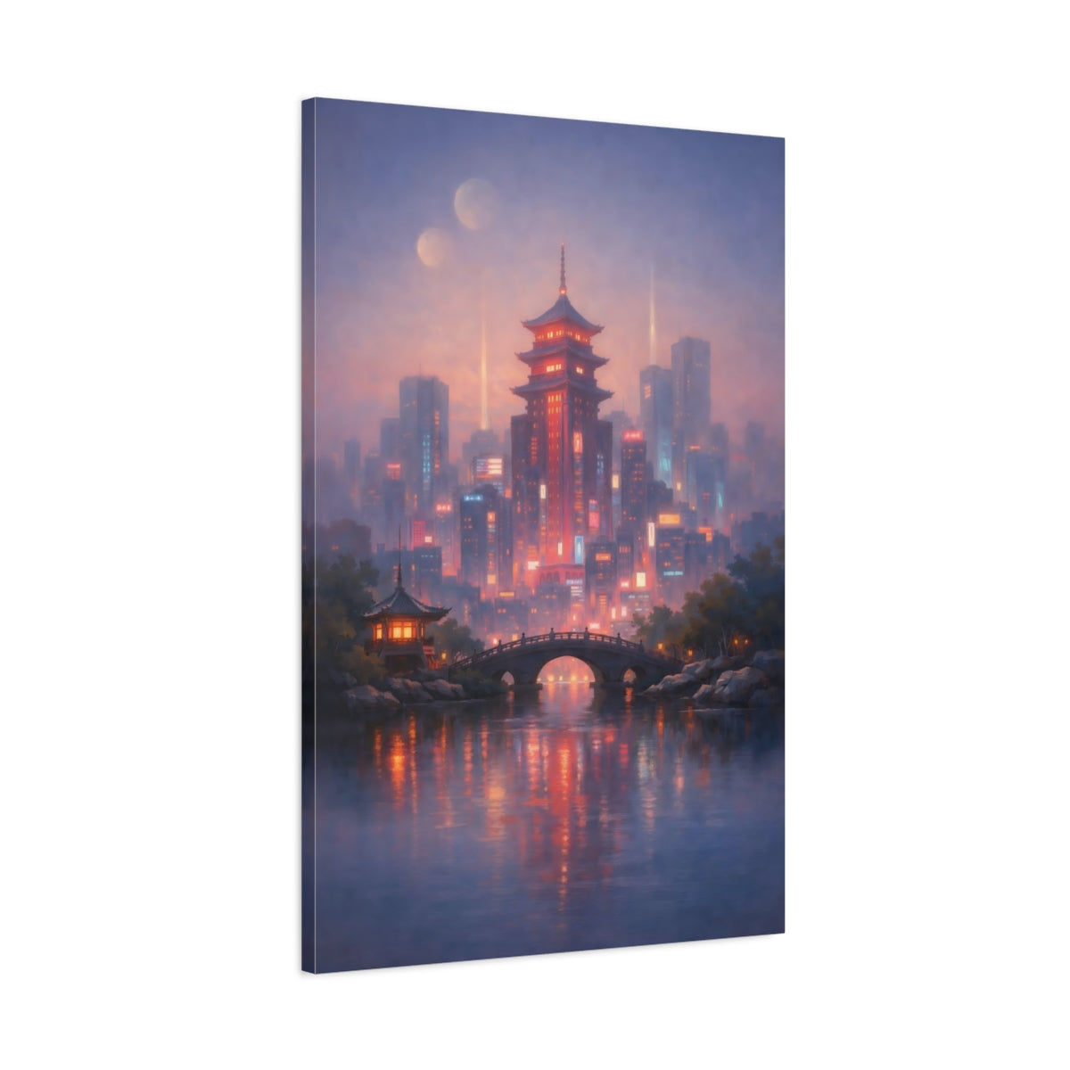 Side Mockup 1. Fairytale Pagoda City Purple Cityscape shown as stretched canvas wall art