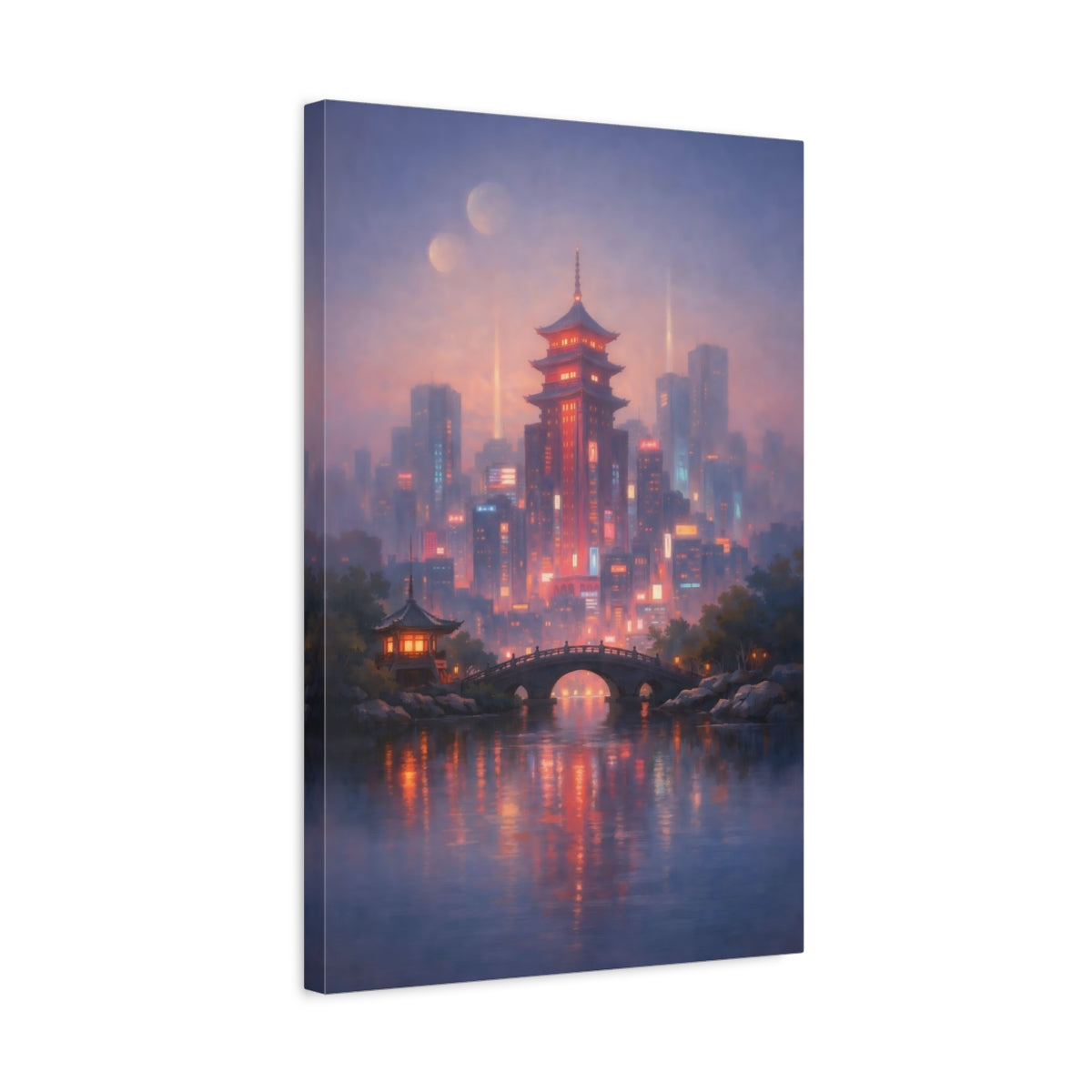 Side Mockup 3. Fairytale Pagoda City Purple Cityscape shown as stretched canvas wall art
