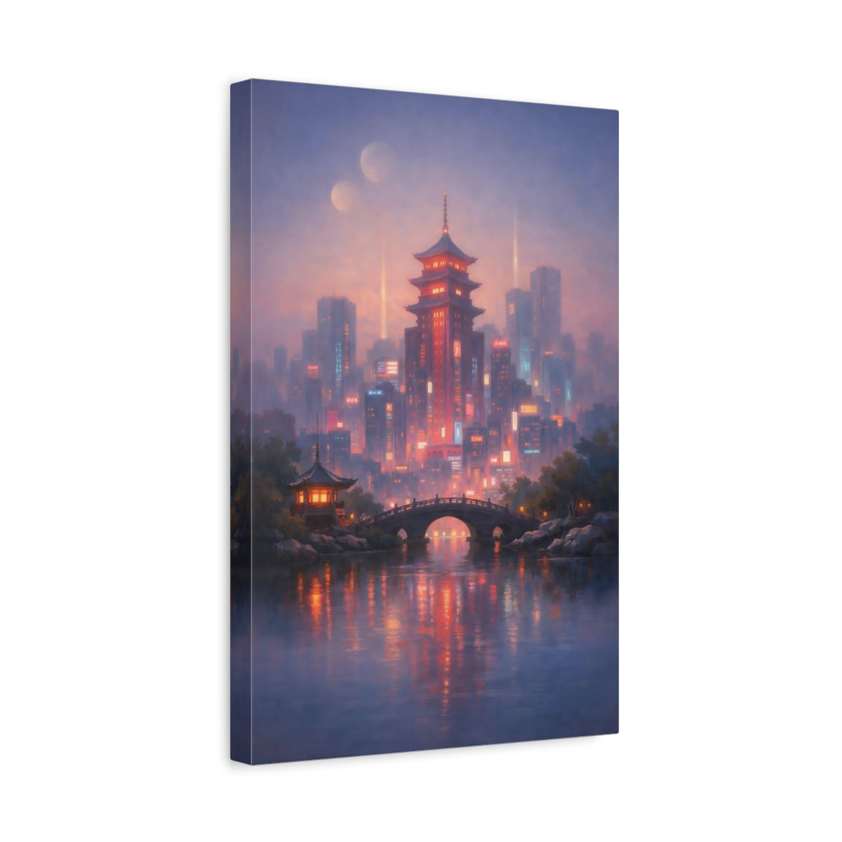 Side Mockup 4. Fairytale Pagoda City Purple Cityscape shown as stretched canvas wall art