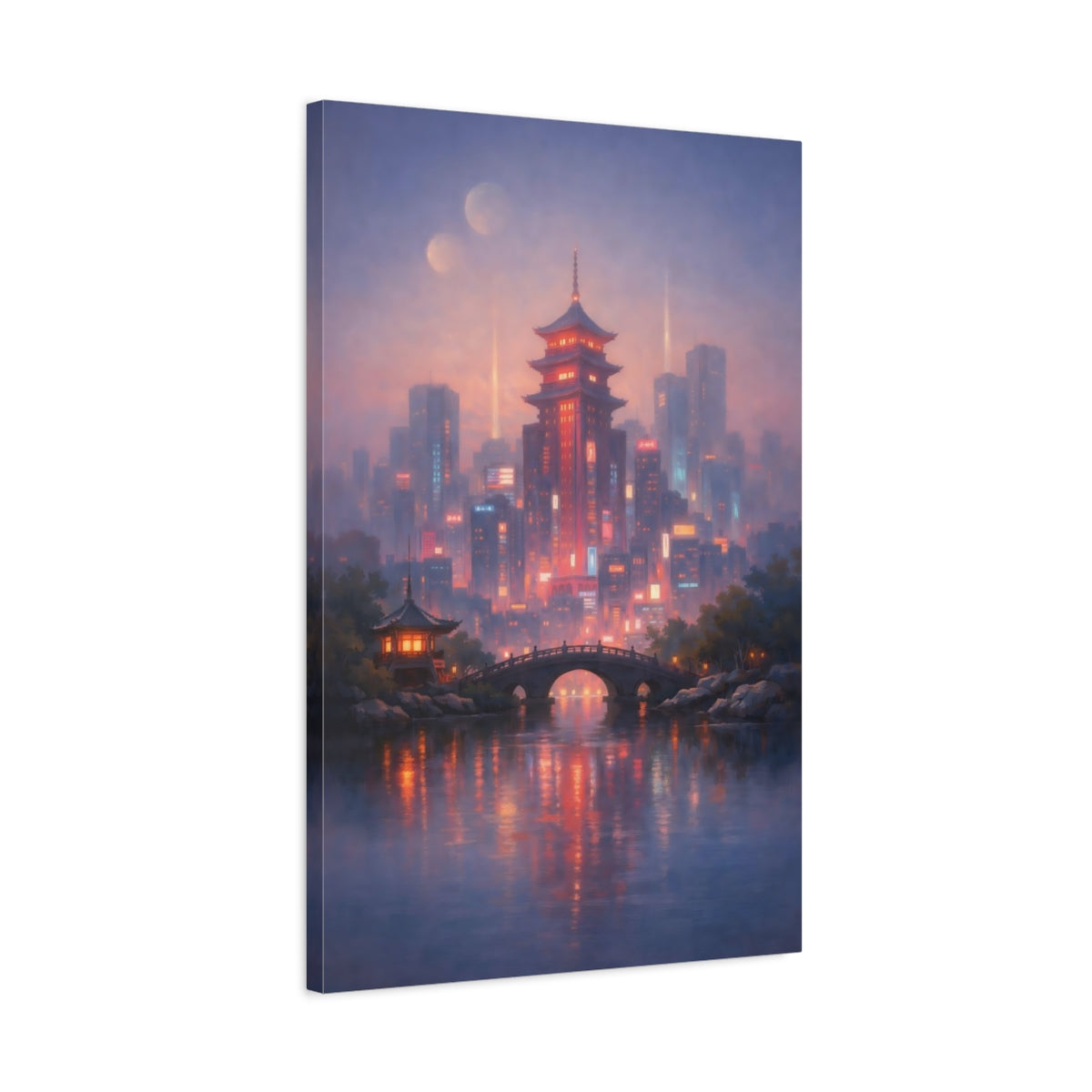Side Mockup 2. Fairytale Pagoda City Purple Cityscape shown as stretched canvas wall art