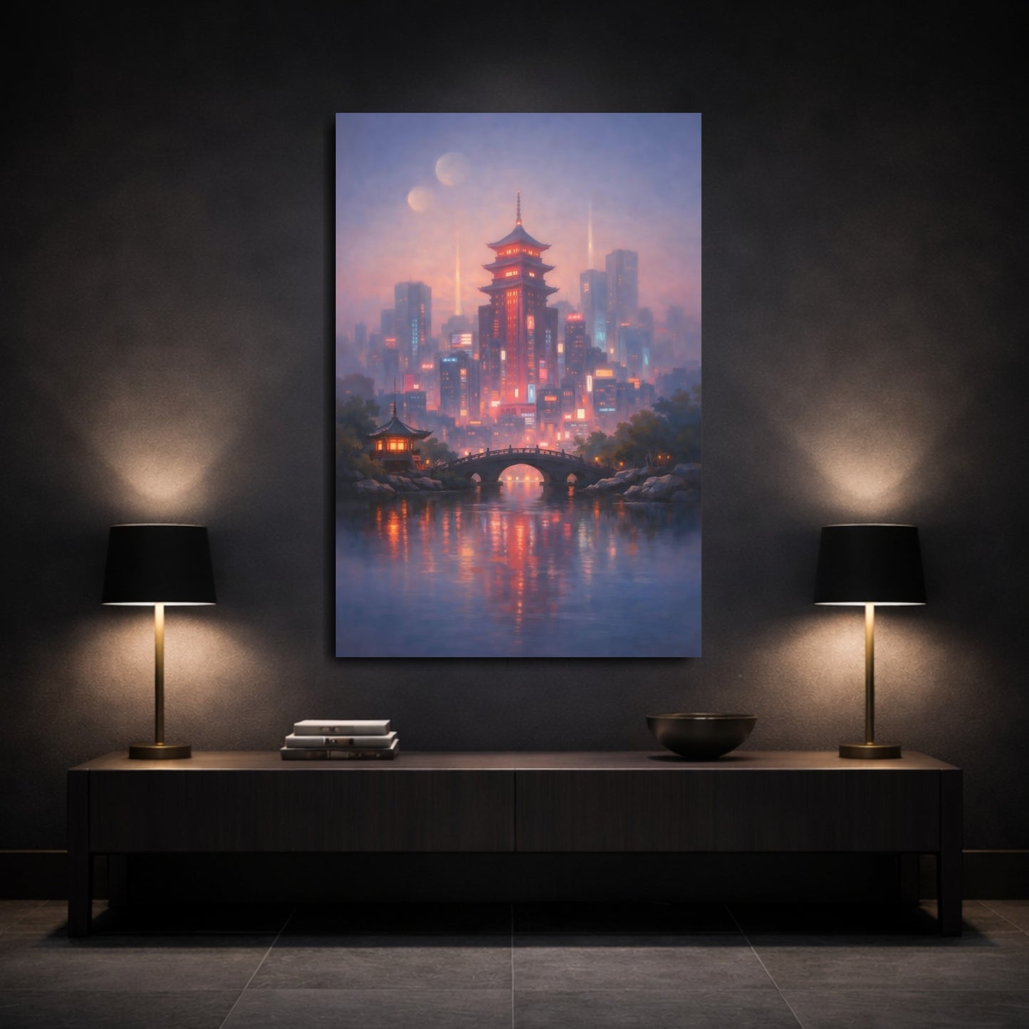 Mockup 2. Fairytale Pagoda City Purple Cityscape shown as stretched canvas wall art
