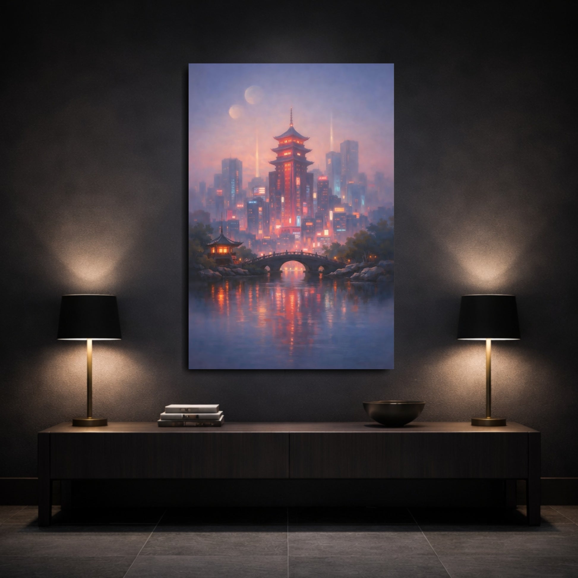 Mockup 2. Fairytale Pagoda City Purple Cityscape shown as stretched canvas wall art