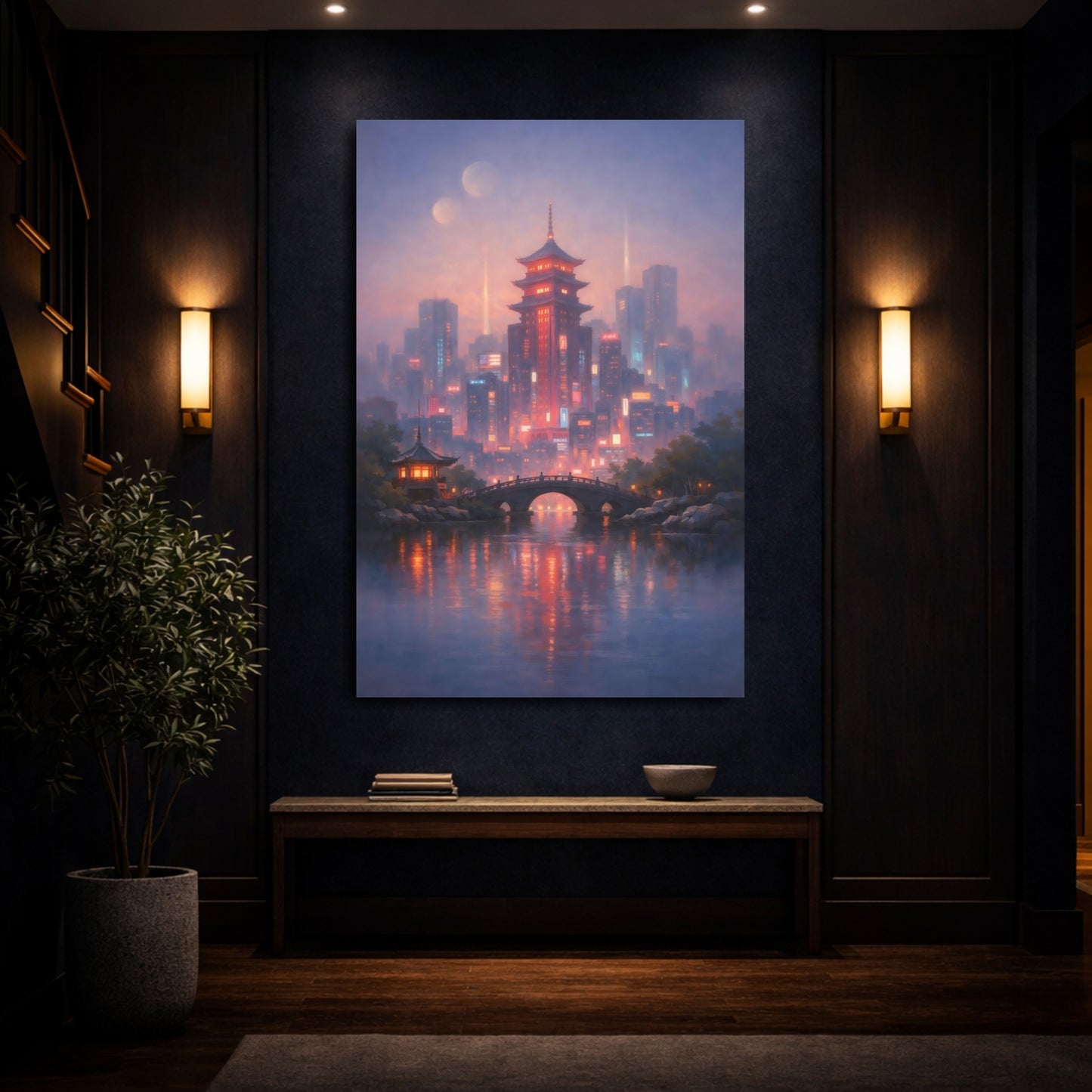 Mockup 3. Fairytale Pagoda City Purple Cityscape shown as stretched canvas wall art