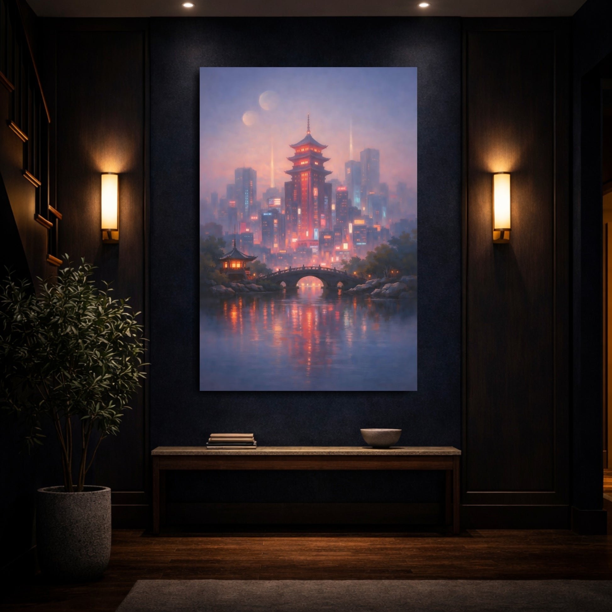 Mockup 3. Fairytale Pagoda City Purple Cityscape shown as stretched canvas wall art