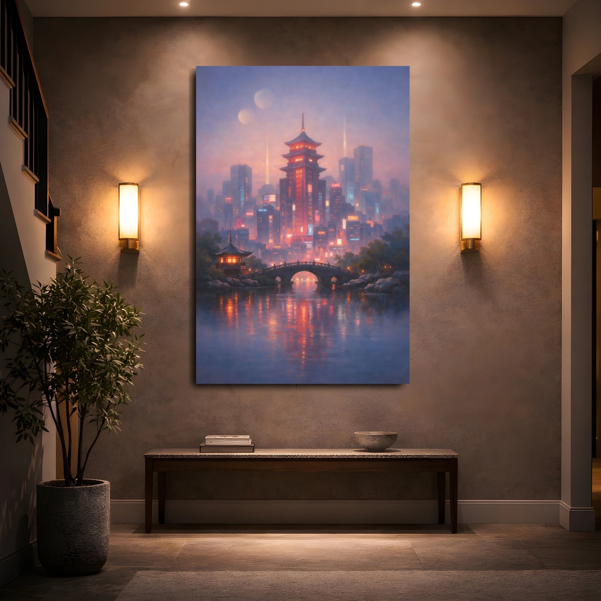 Mockup 4. Fairytale Pagoda City Purple Cityscape shown as stretched canvas wall art