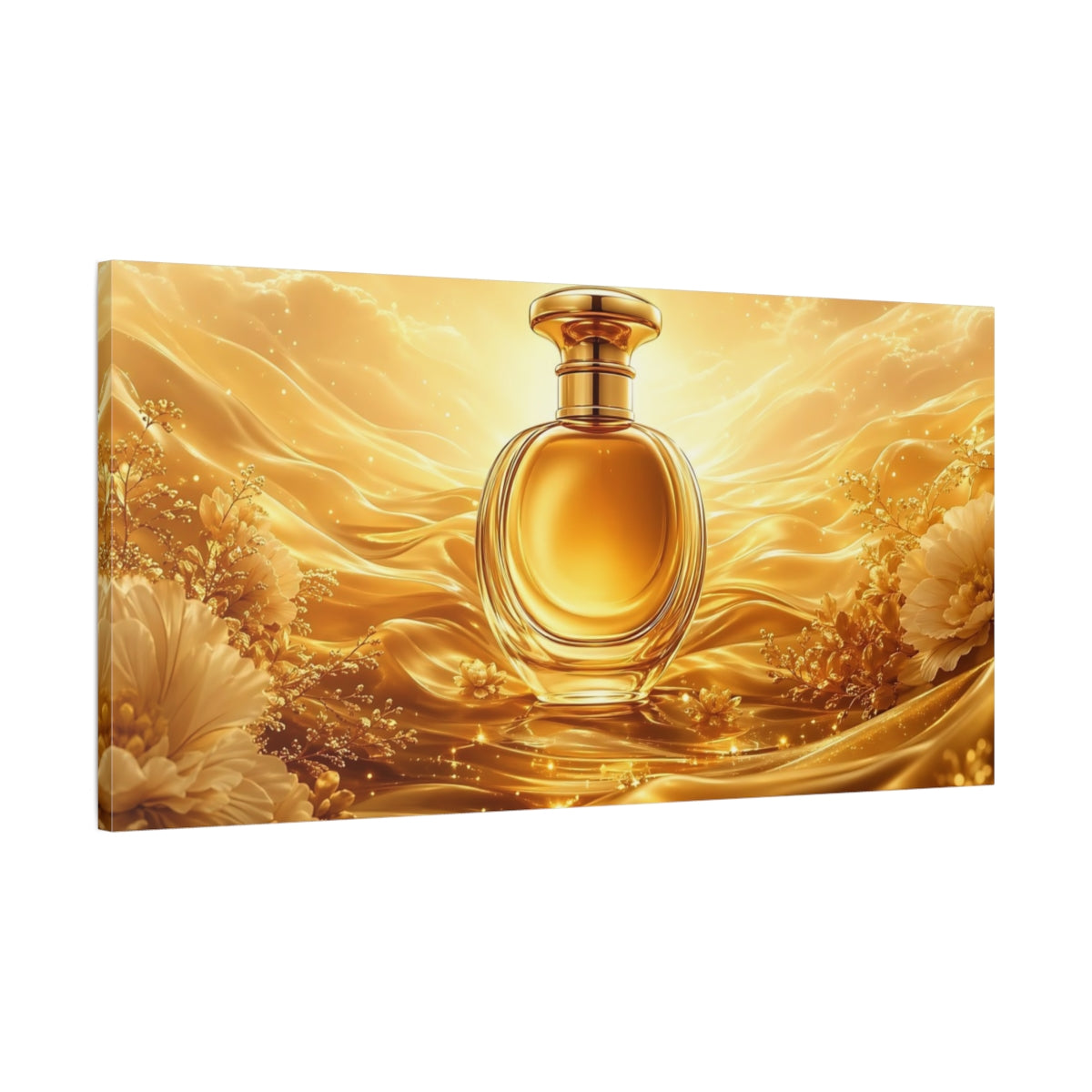 Main Mockup. Fairytale Perfume Bottle Golden Opulence shown as stretched canvas wall art