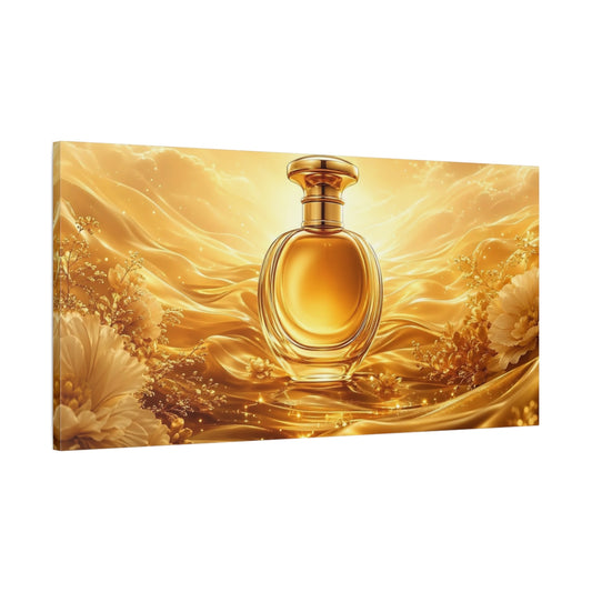 Main Mockup. Fairytale Perfume Bottle Golden Opulence shown as stretched canvas wall art