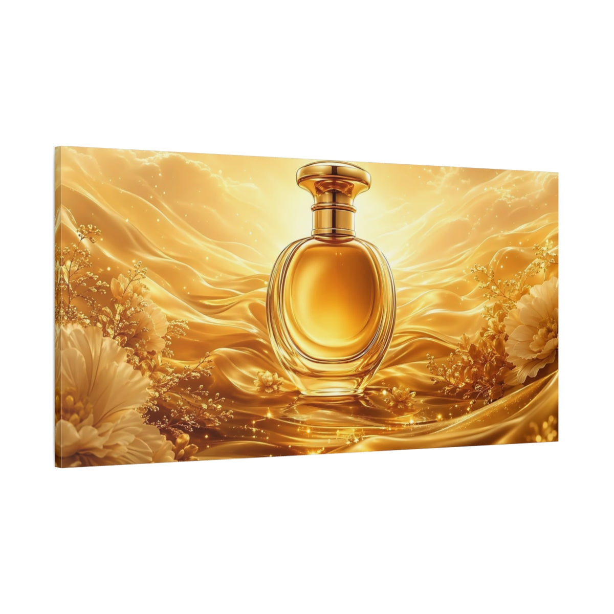 Side Mockup 2. Fairytale Perfume Bottle Golden Opulence shown as stretched canvas wall art