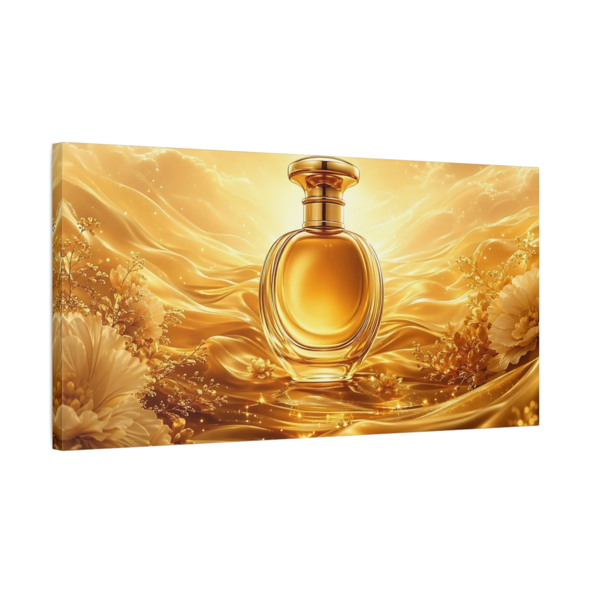 Side Mockup 1. Fairytale Perfume Bottle Golden Opulence shown as stretched canvas wall art