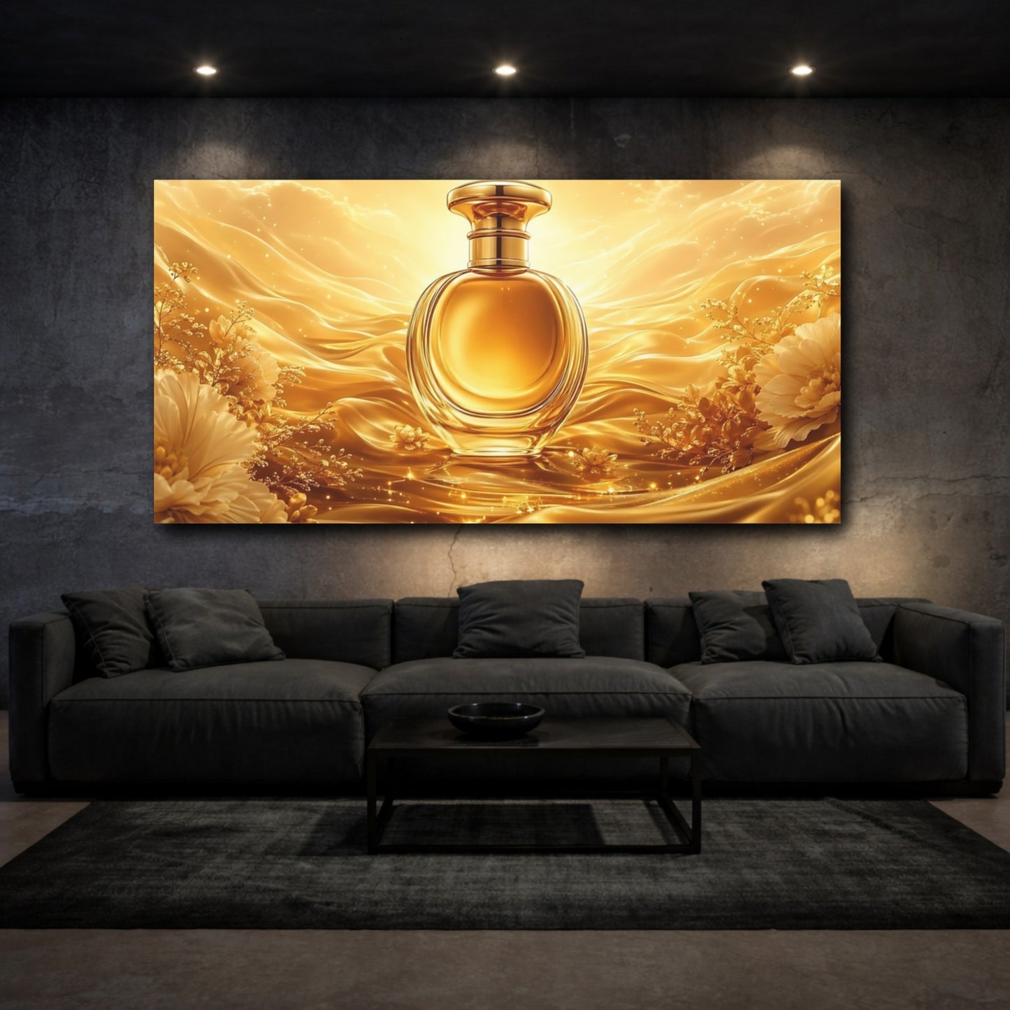 Mockup 2. Fairytale Perfume Bottle Golden Opulence shown as stretched canvas wall art