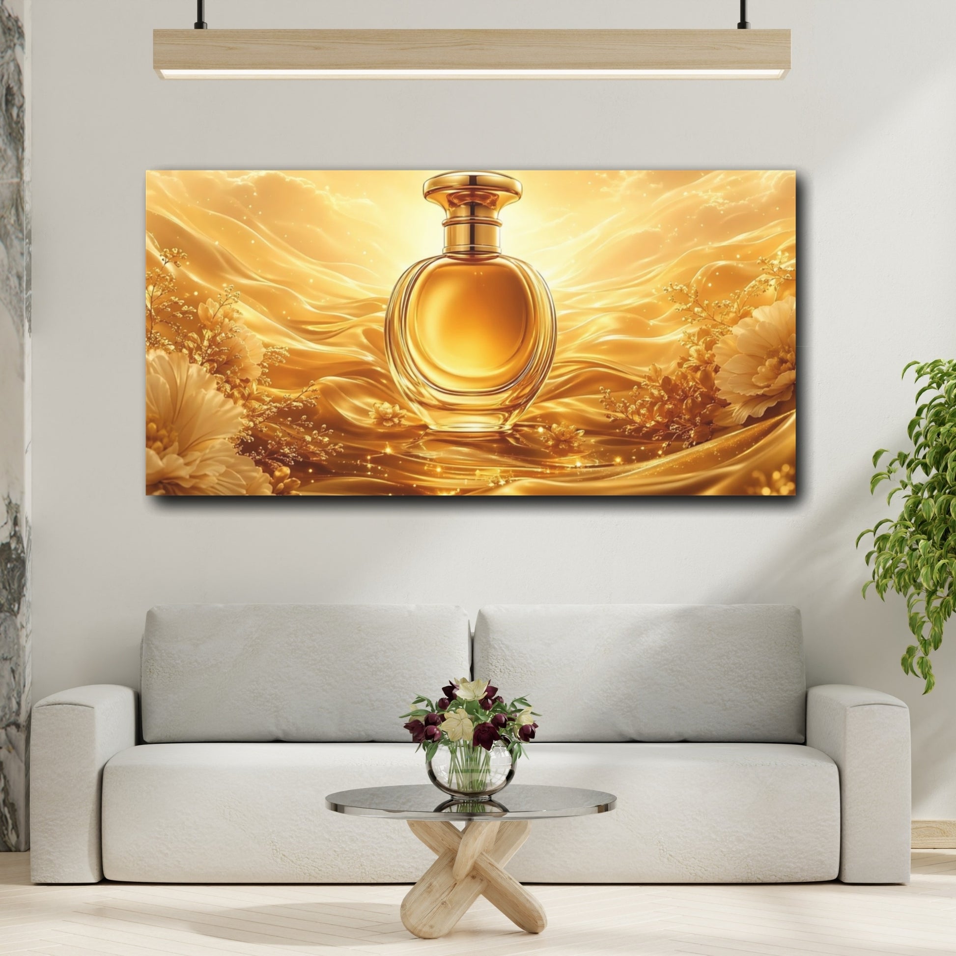 Mockup 3. Fairytale Perfume Bottle Golden Opulence shown as stretched canvas wall art