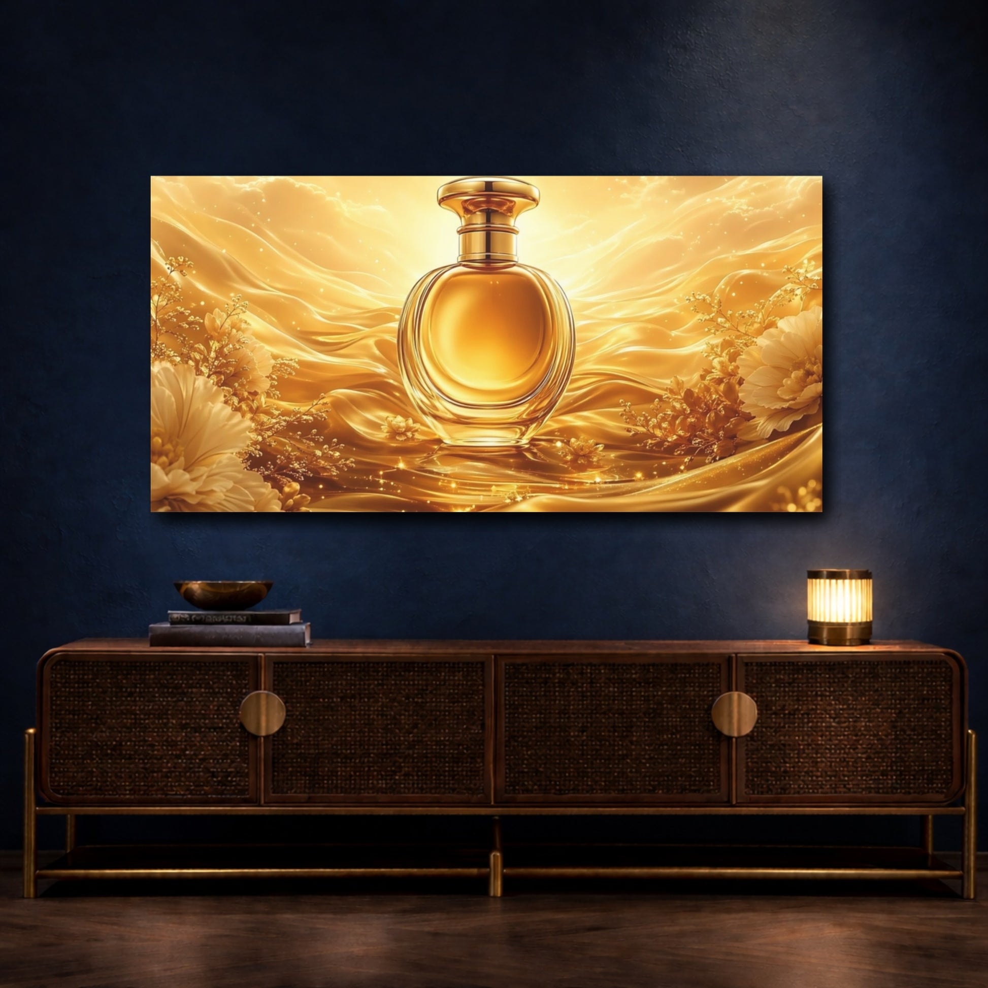 Mockup 4. Fairytale Perfume Bottle Golden Opulence shown as stretched canvas wall art