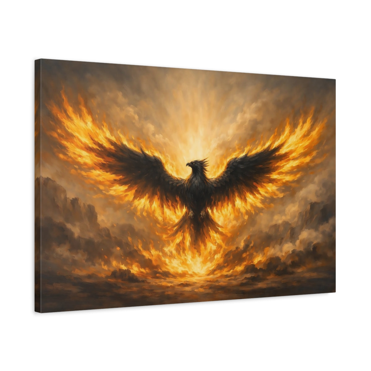 Side Mockup 2. Fairytale Phoenix Fiery Phoenix shown as stretched canvas wall art