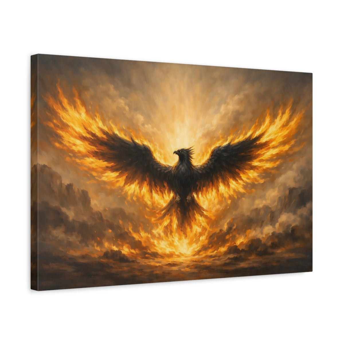 Side Mockup 3. Fairytale Phoenix Fiery Phoenix shown as stretched canvas wall art