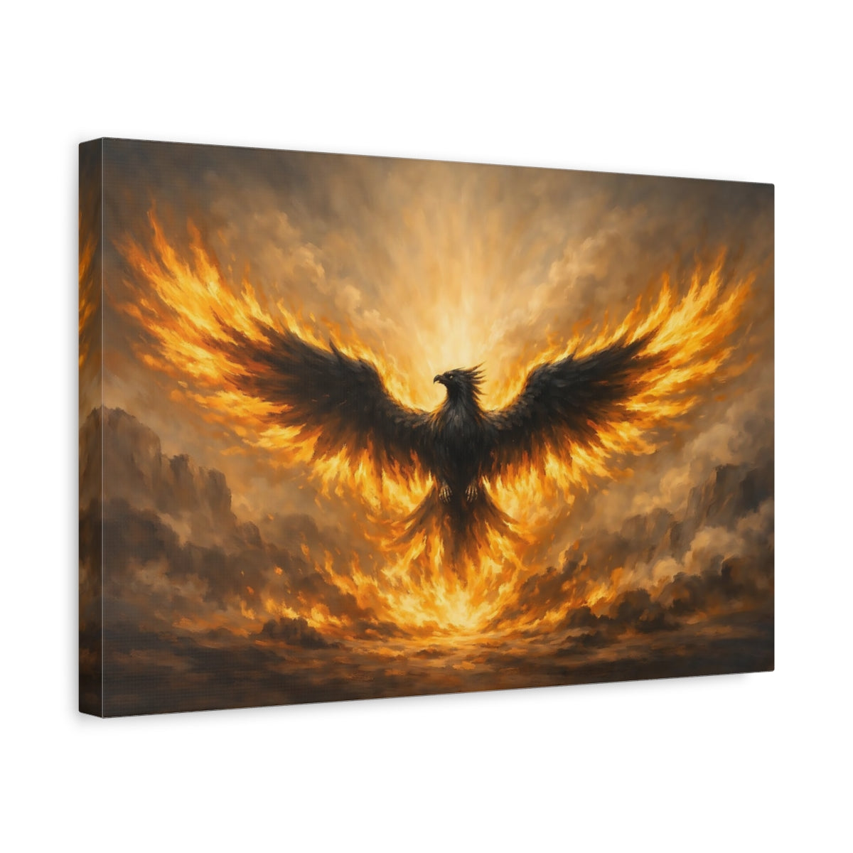 Side Mockup 4. Fairytale Phoenix Fiery Phoenix shown as stretched canvas wall art