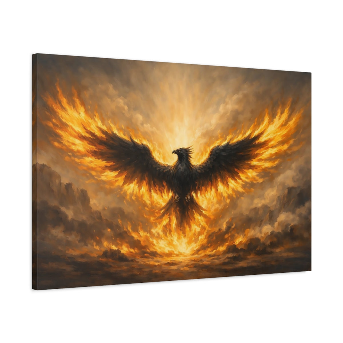 Side Mockup 1. Fairytale Phoenix Fiery Phoenix shown as stretched canvas wall art