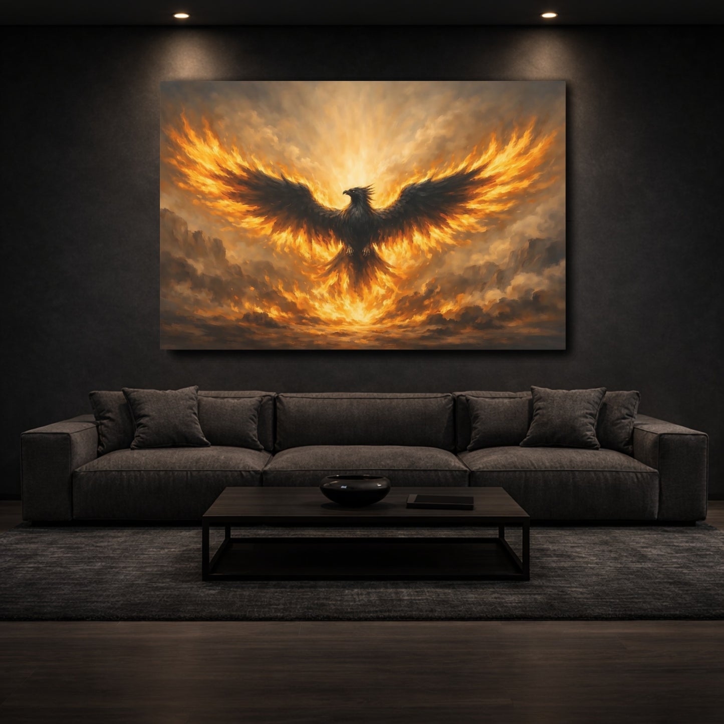 Mockup 2. Fairytale Phoenix Fiery Phoenix shown as stretched canvas wall art