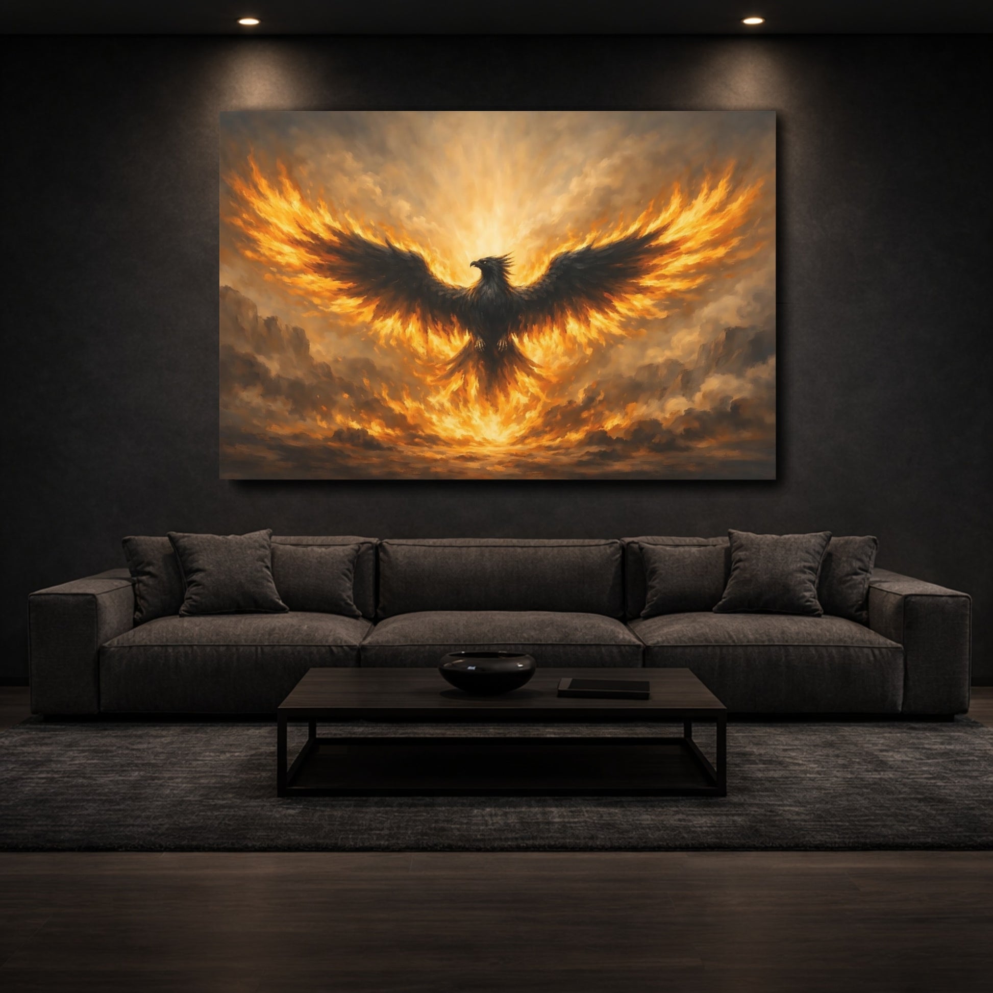 Mockup 2. Fairytale Phoenix Fiery Phoenix shown as stretched canvas wall art