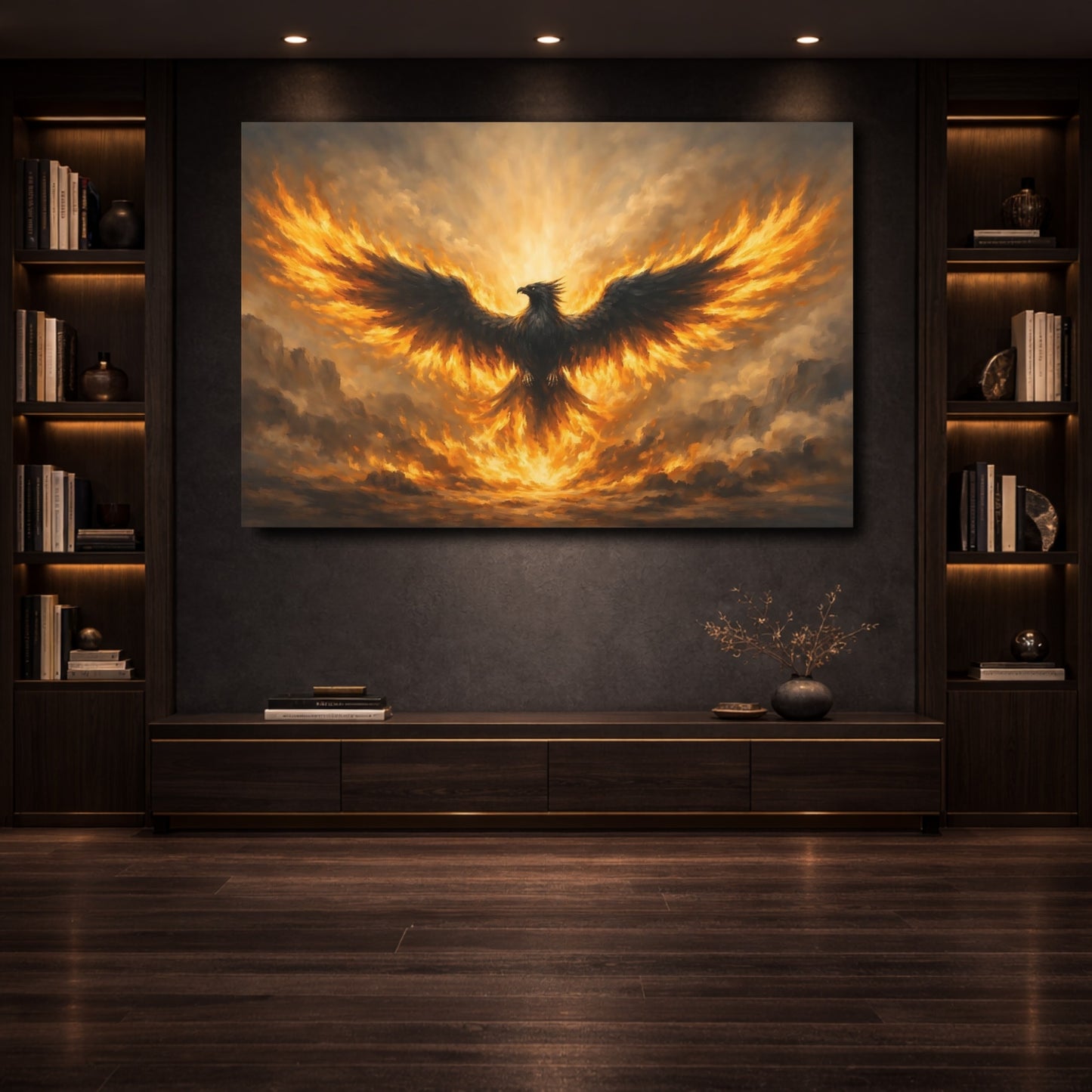 Mockup 3. Fairytale Phoenix Fiery Phoenix shown as stretched canvas wall art