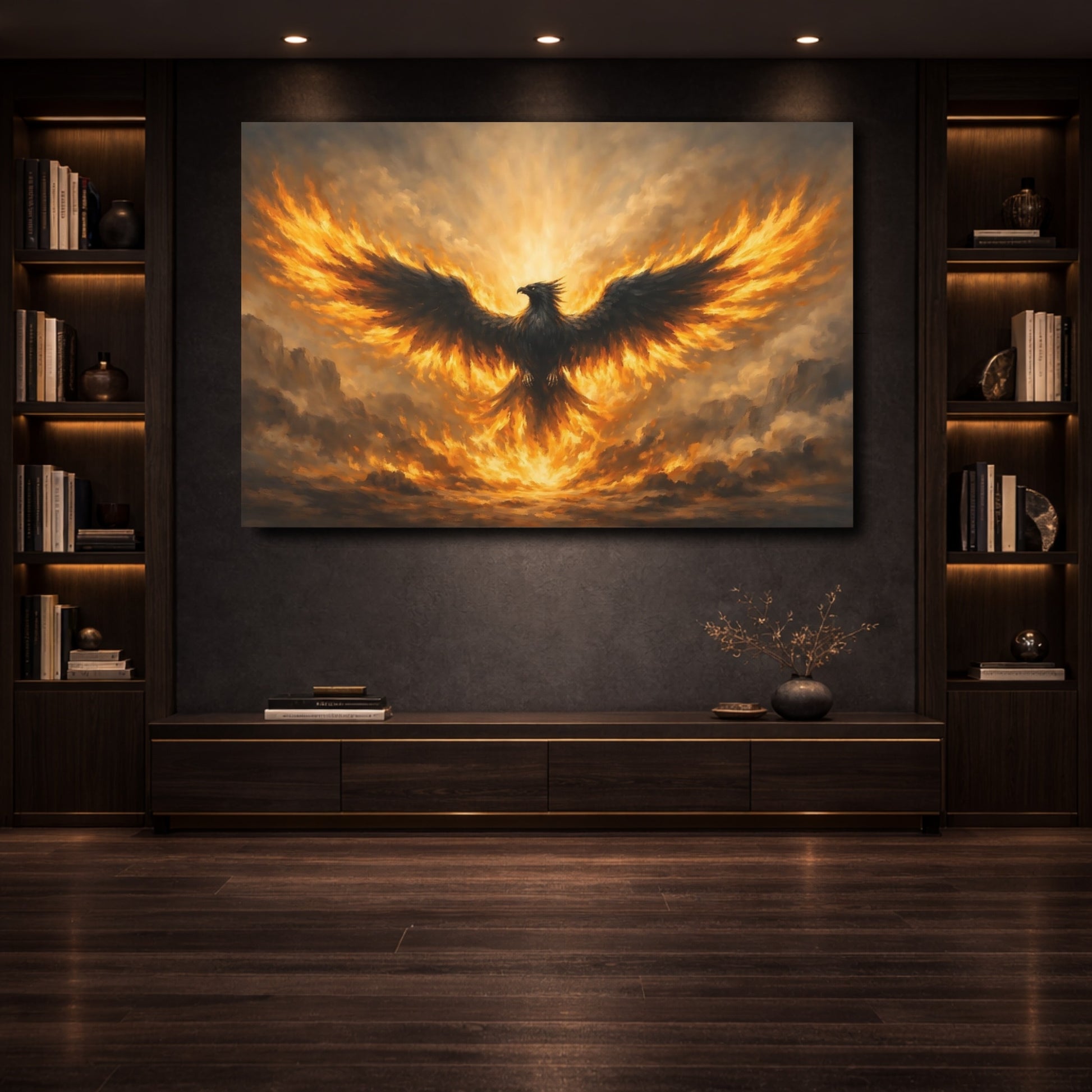 Mockup 3. Fairytale Phoenix Fiery Phoenix shown as stretched canvas wall art