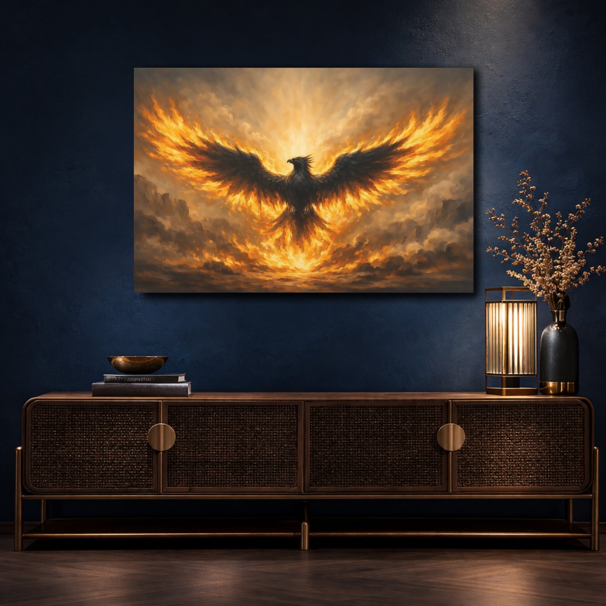 Mockup 4. Fairytale Phoenix Fiery Phoenix shown as stretched canvas wall art