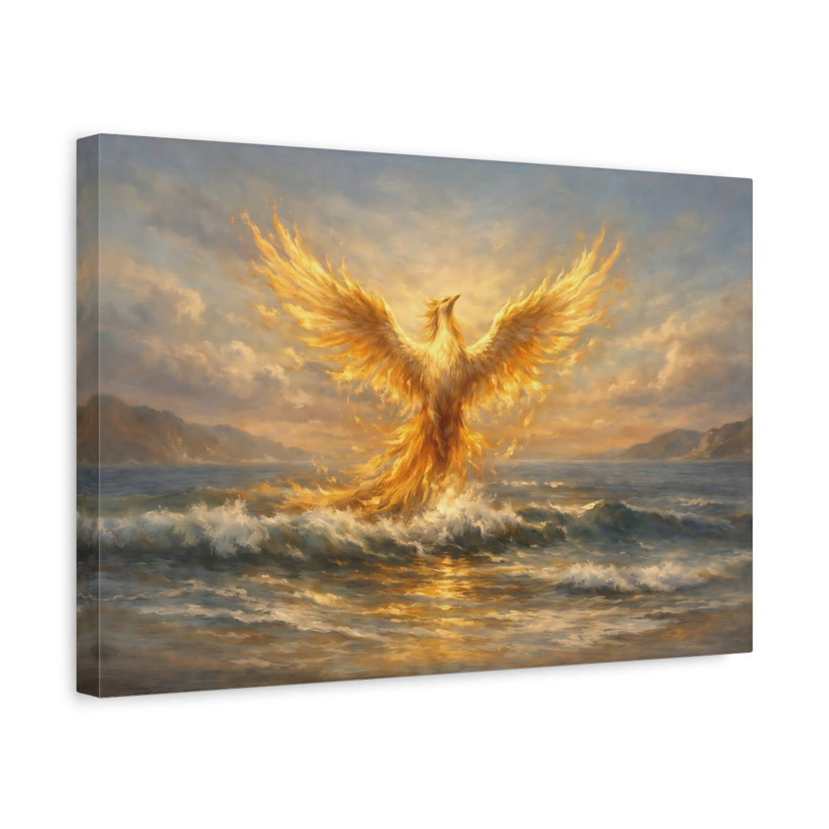 Side Mockup 4. Fairytale Phoenix Golden Phoenix shown as stretched canvas wall art