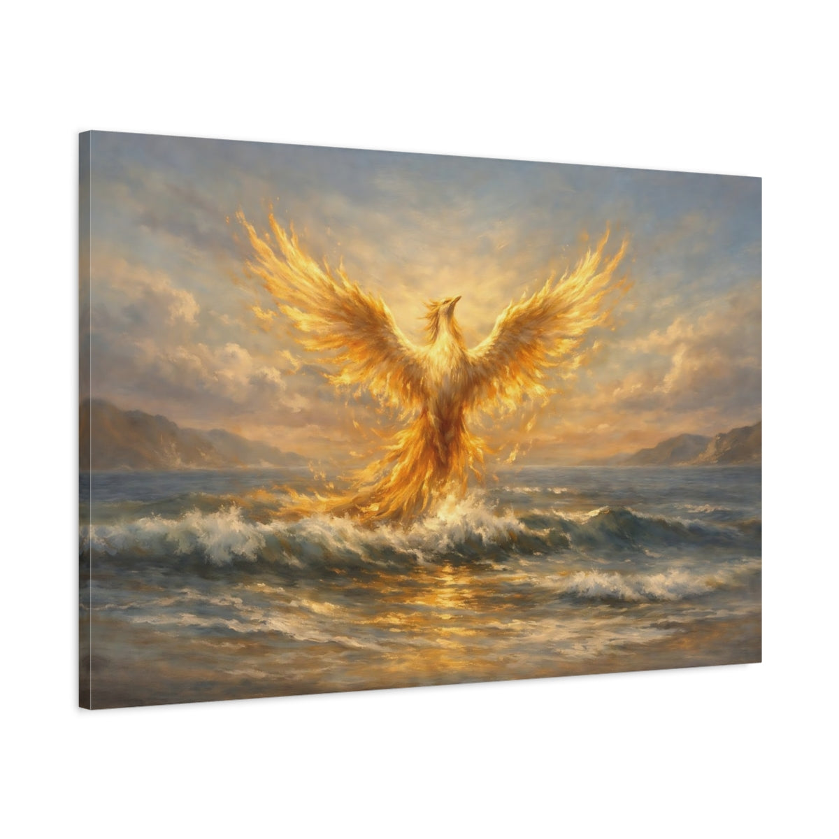 Side Mockup 1. Fairytale Phoenix Golden Phoenix shown as stretched canvas wall art