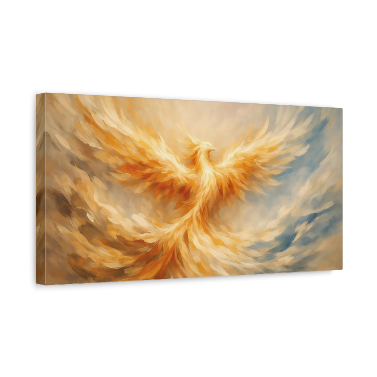 Side Mockup 3. Fairytale Phoenix Golden Phoenix shown as stretched canvas wall art