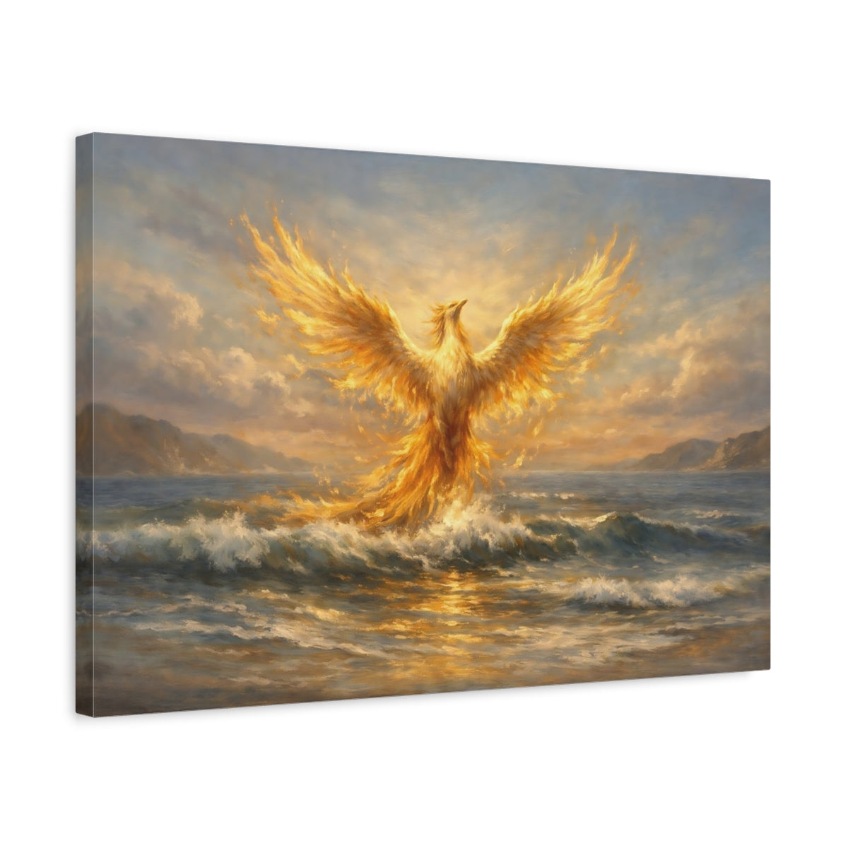 Side Mockup 3. Fairytale Phoenix Golden Phoenix shown as stretched canvas wall art