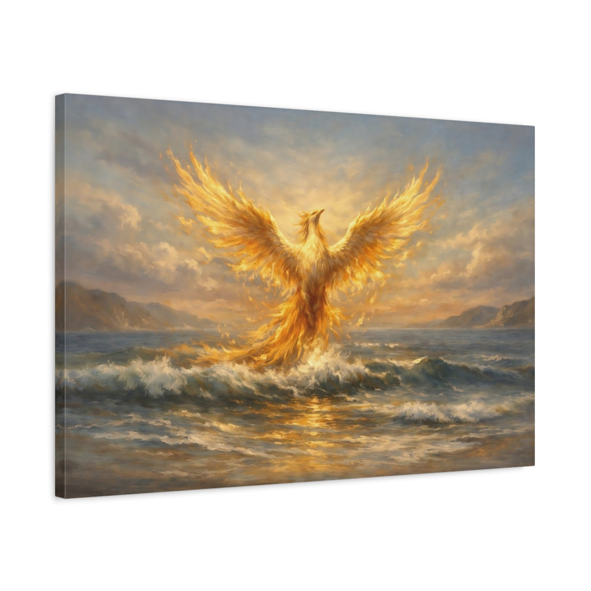 Side Mockup 2. Fairytale Phoenix Golden Phoenix shown as stretched canvas wall art