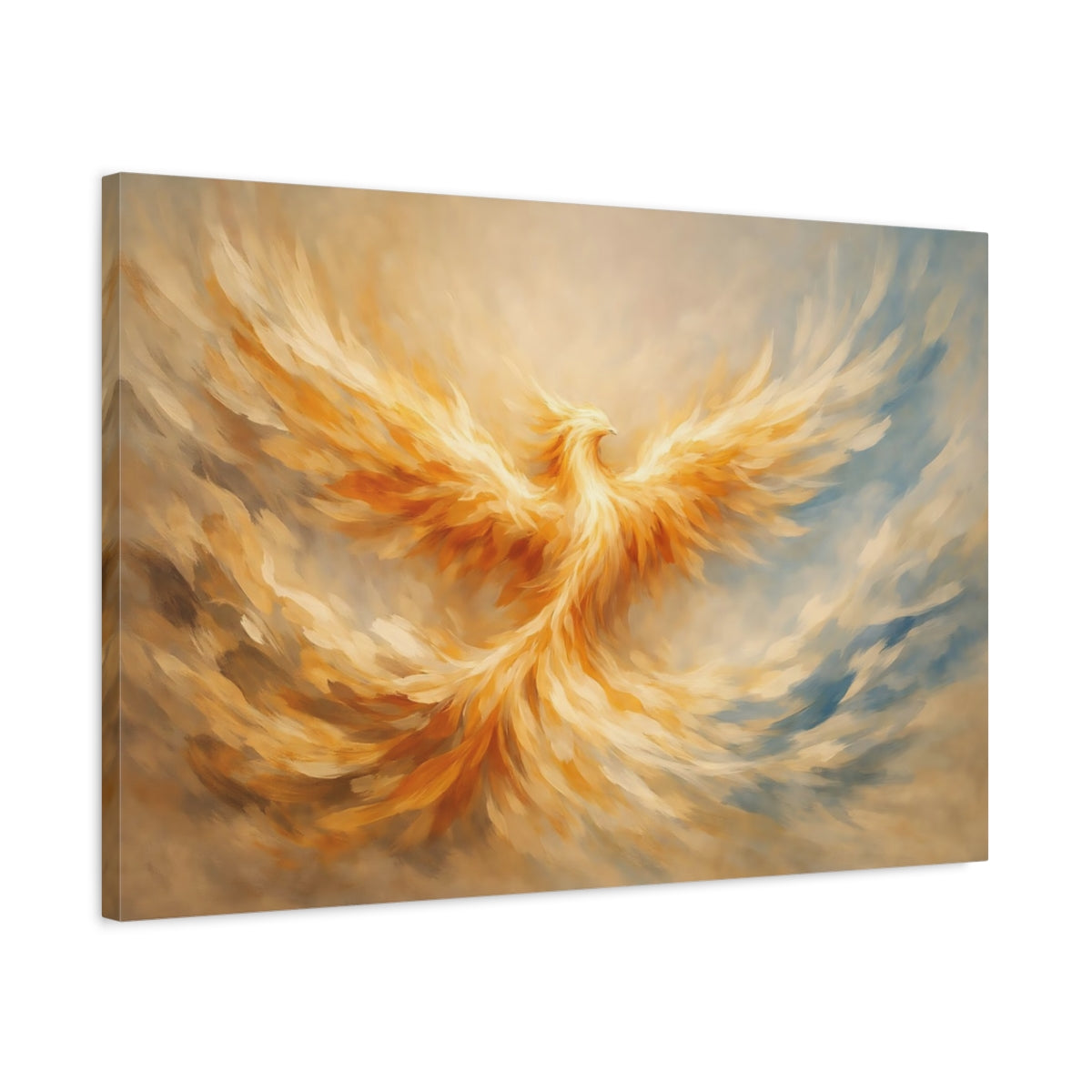 Side Mockup 2. Fairytale Phoenix Golden Phoenix shown as stretched canvas wall art