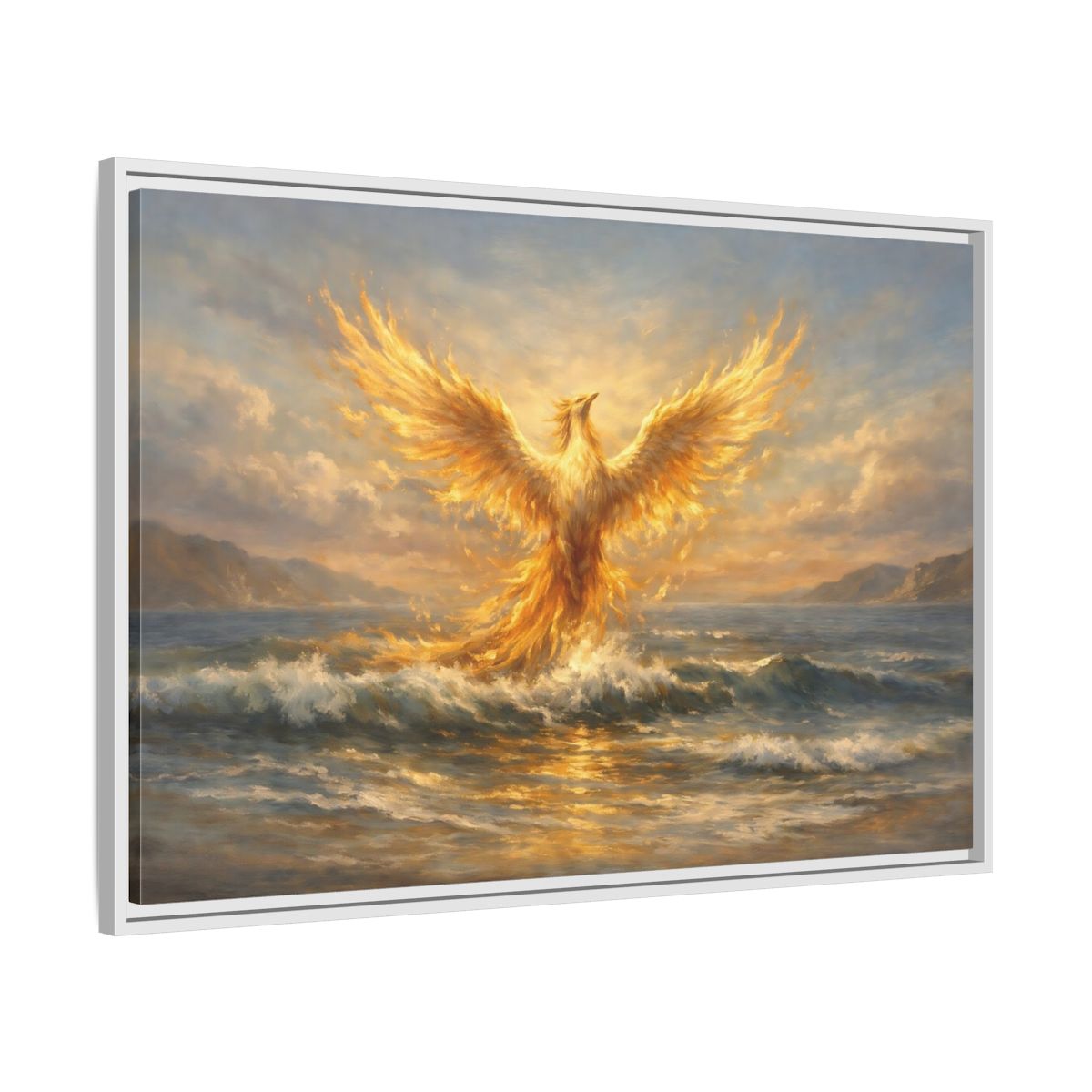 Side Mockup 8. Fairytale Phoenix Golden Phoenix shown as stretched canvas wall art