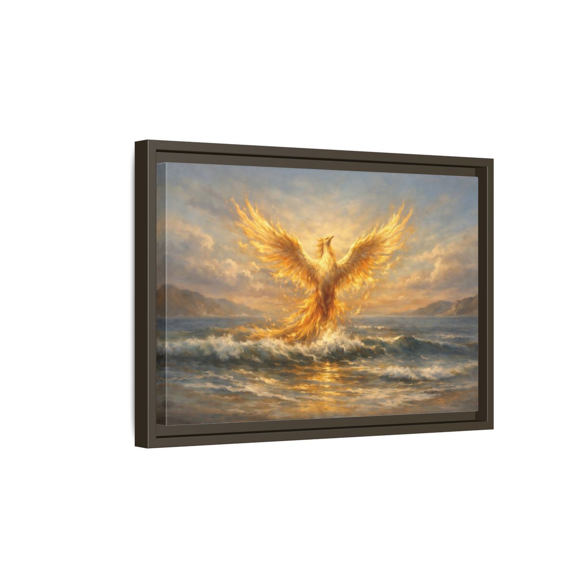 Side Mockup 5. Fairytale Phoenix Golden Phoenix shown as stretched canvas wall art