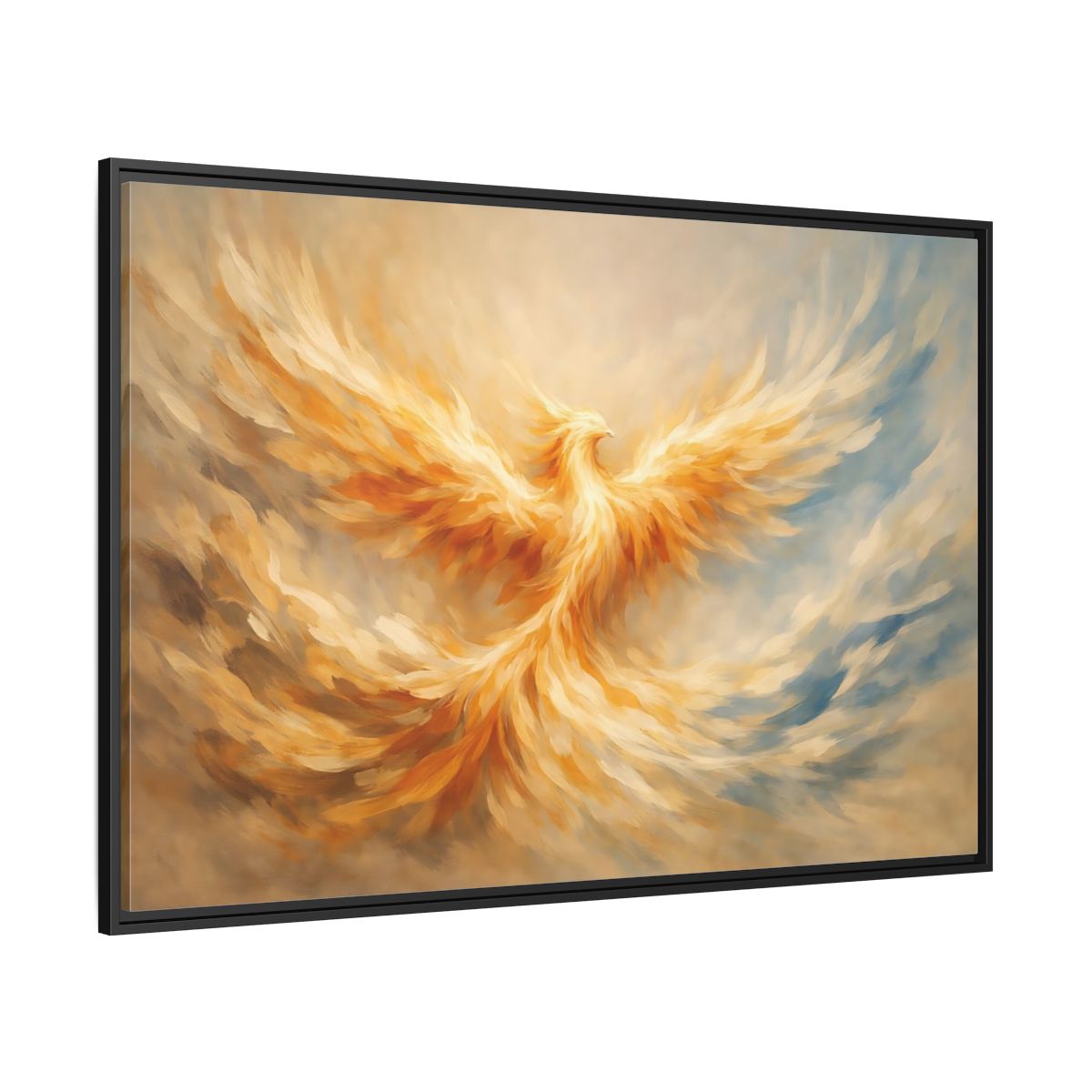 Side Mockup 12. Fairytale Phoenix Golden Phoenix shown as stretched canvas wall art