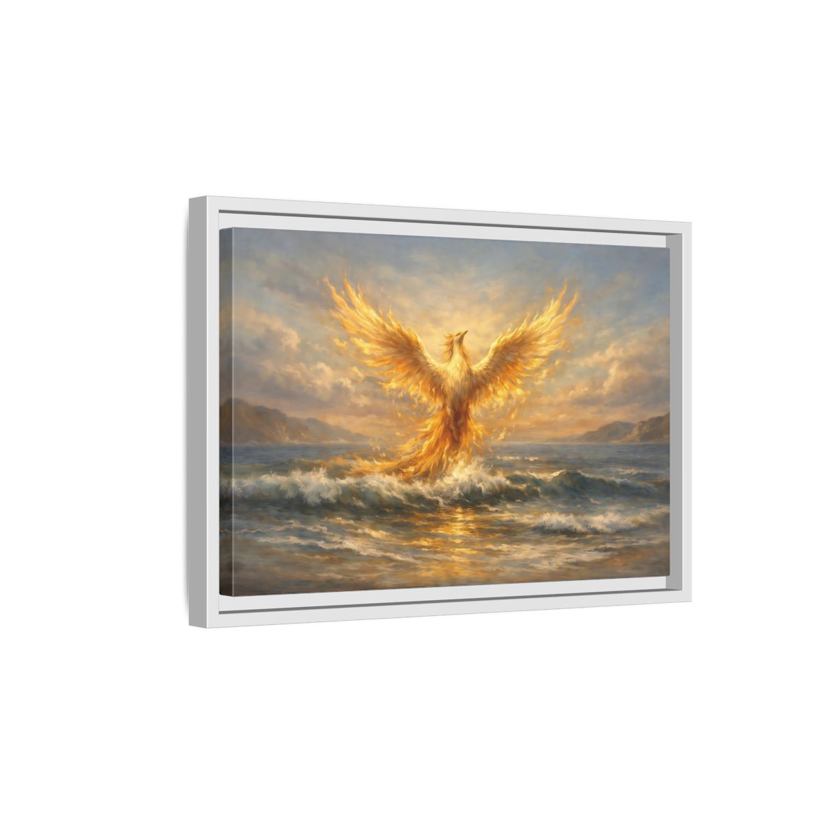 Side Mockup 4. Fairytale Phoenix Golden Phoenix shown as stretched canvas wall art