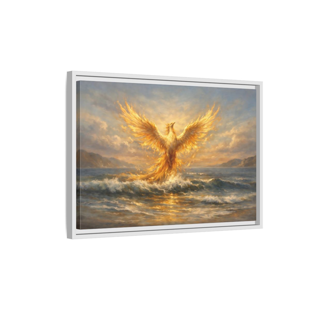 Side Mockup 1. Fairytale Phoenix Golden Phoenix shown as stretched canvas wall art